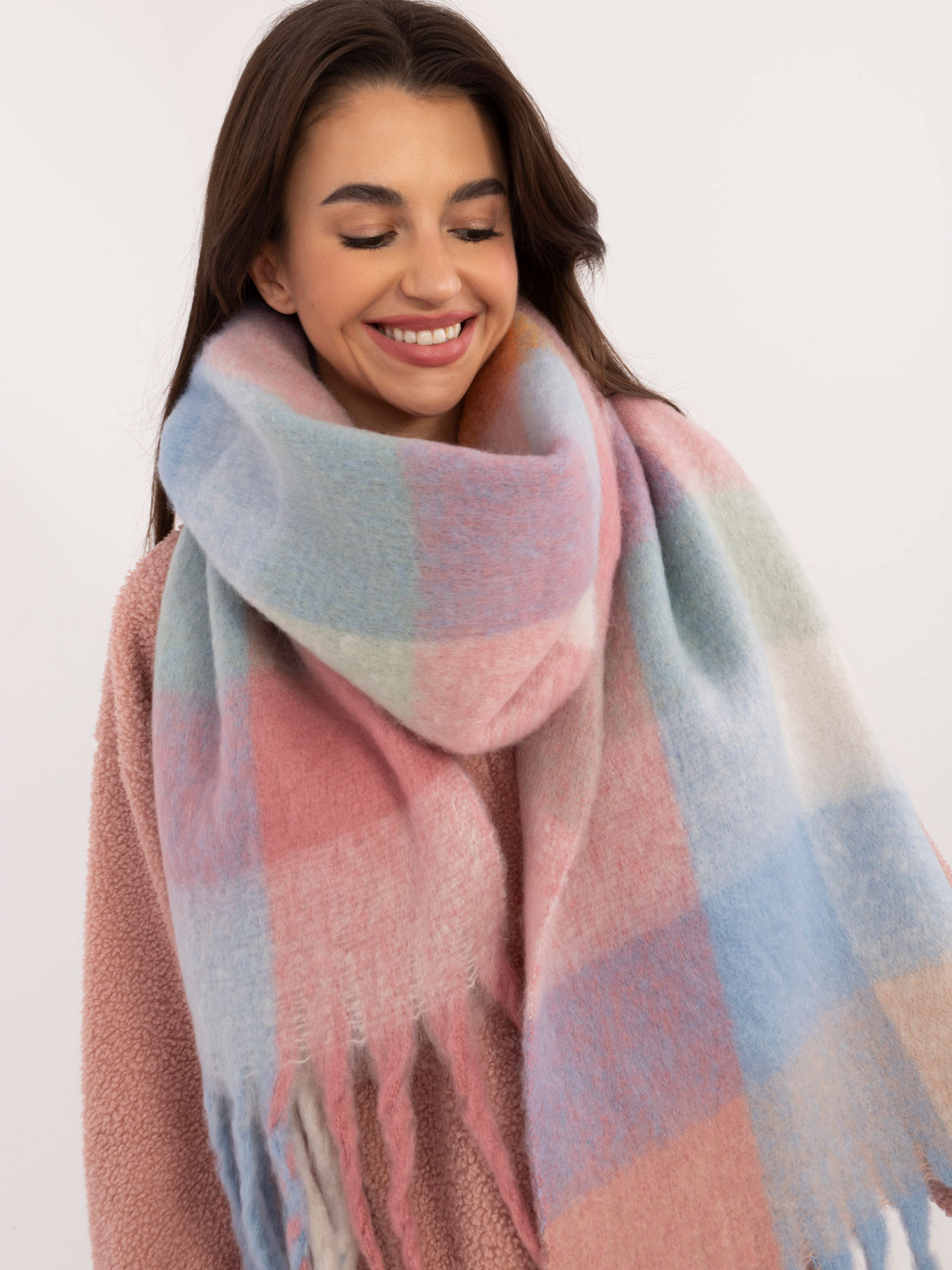 Blue and pink warm checkered scarf