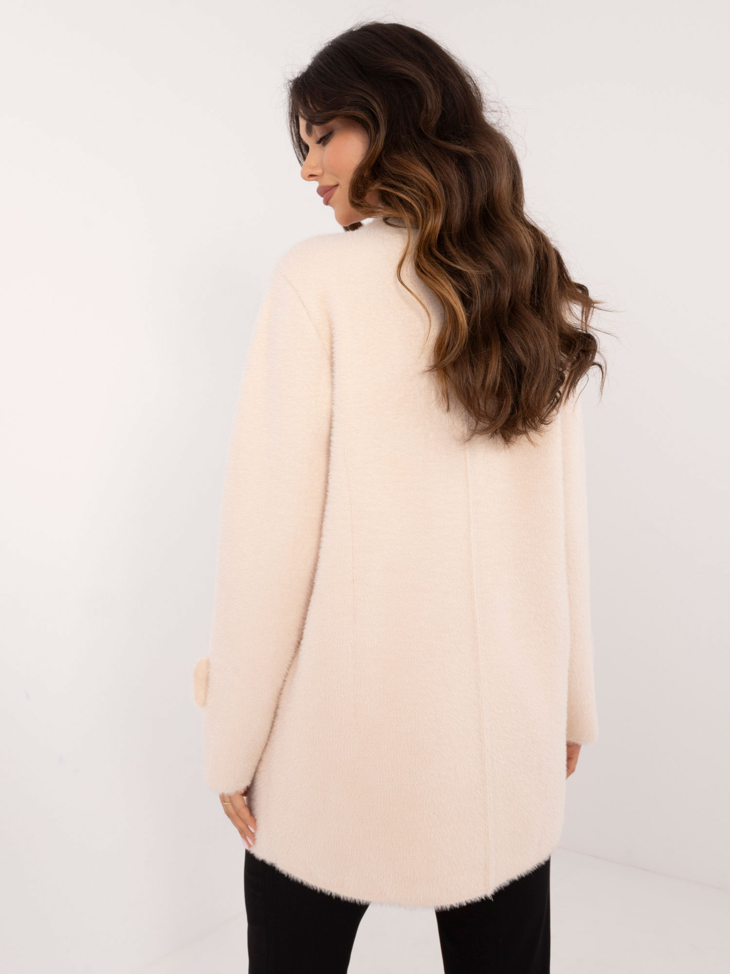 Ecru double-breasted alpaca coat with pockets