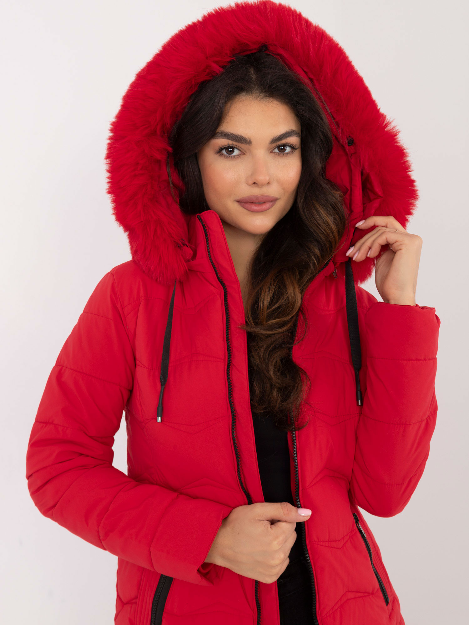 Red transitional jacket with detachable hood