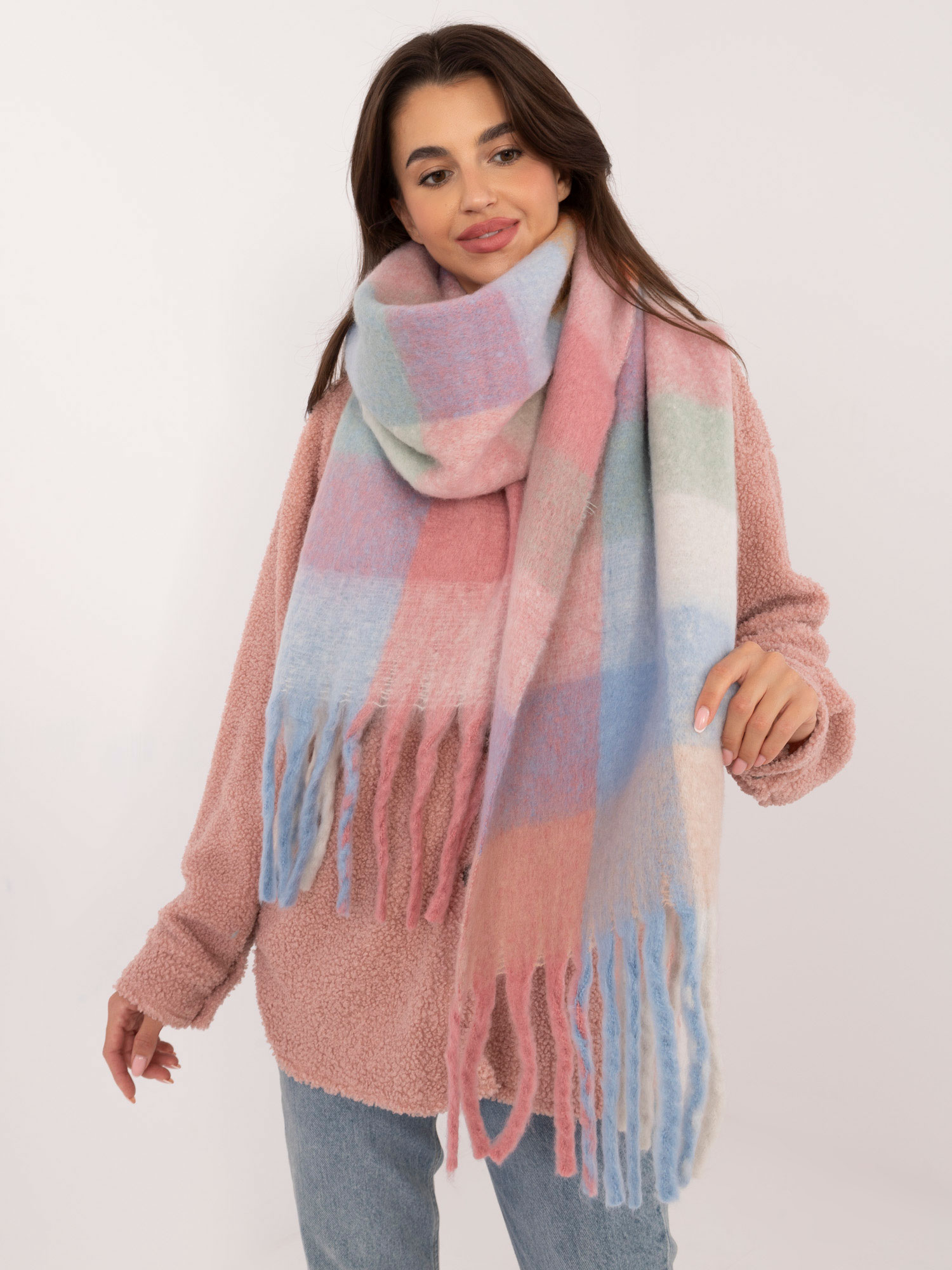 Blue and pink warm checkered scarf