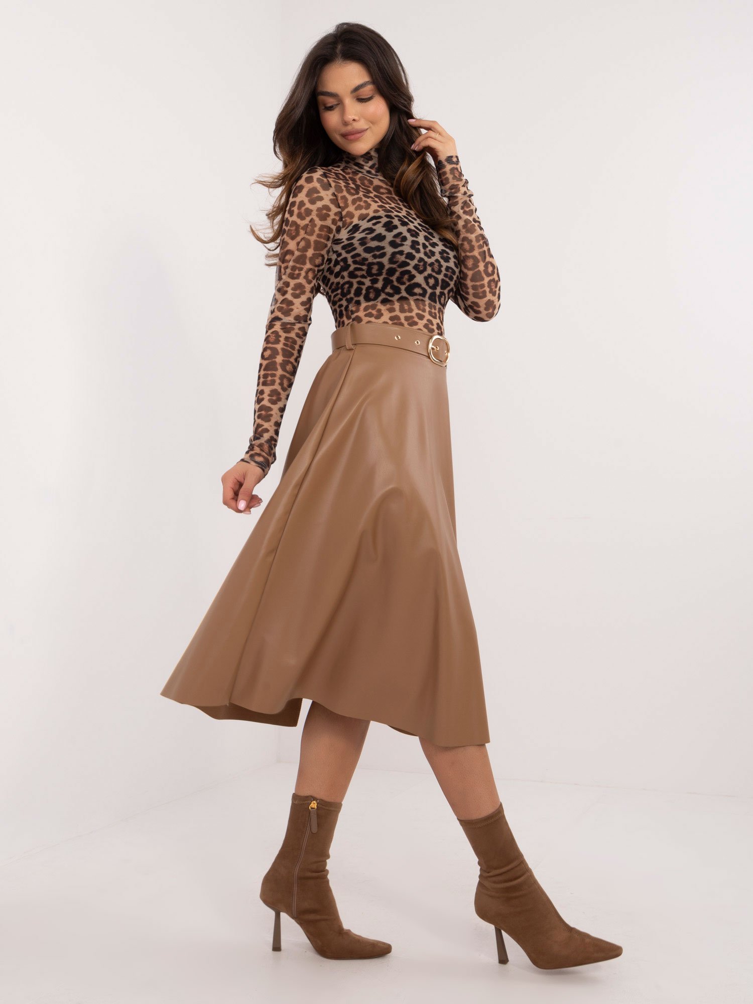 Beige midi skirt made of eco-leather with a belt