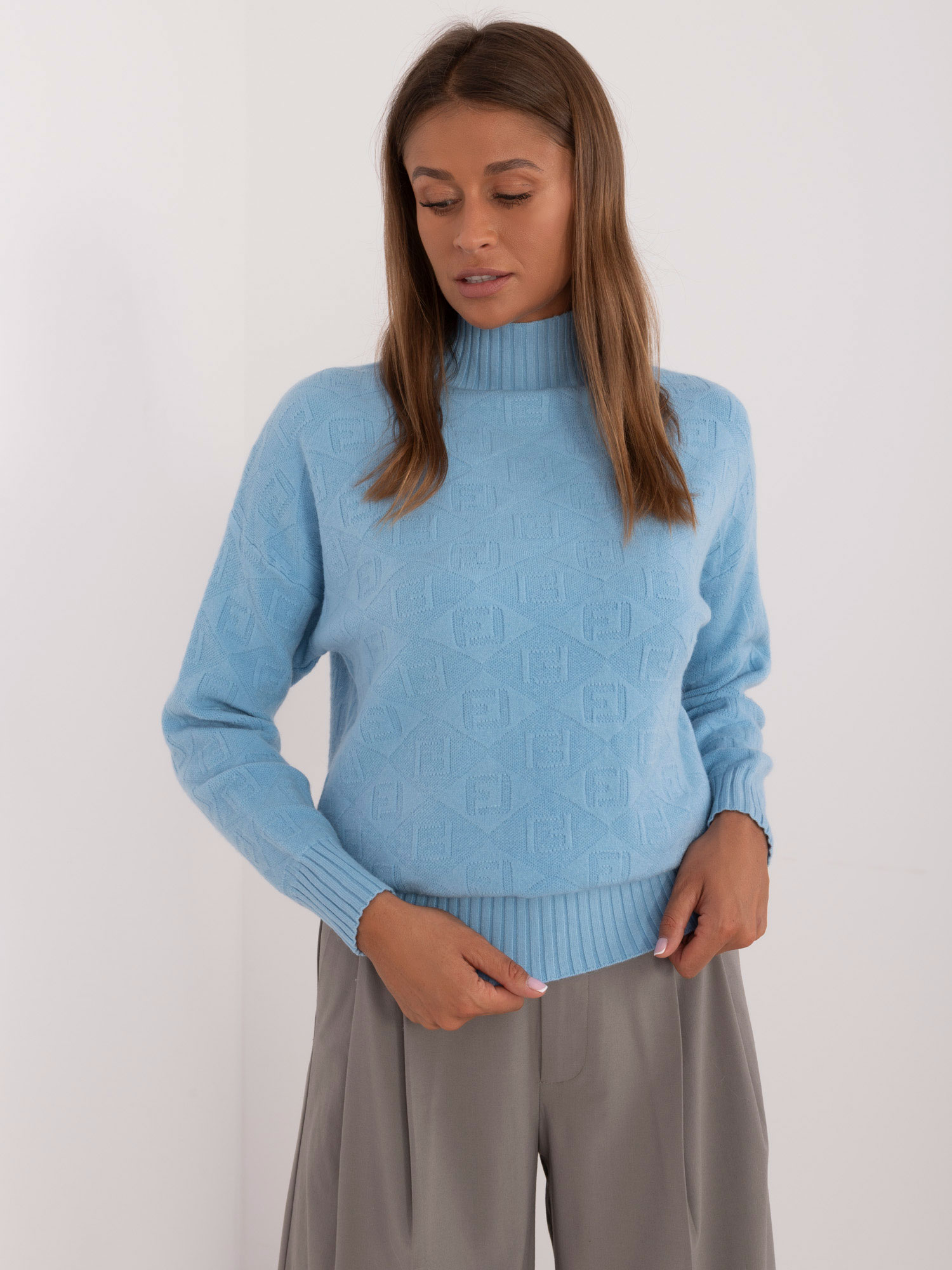 Blue turtleneck sweater with cuffs