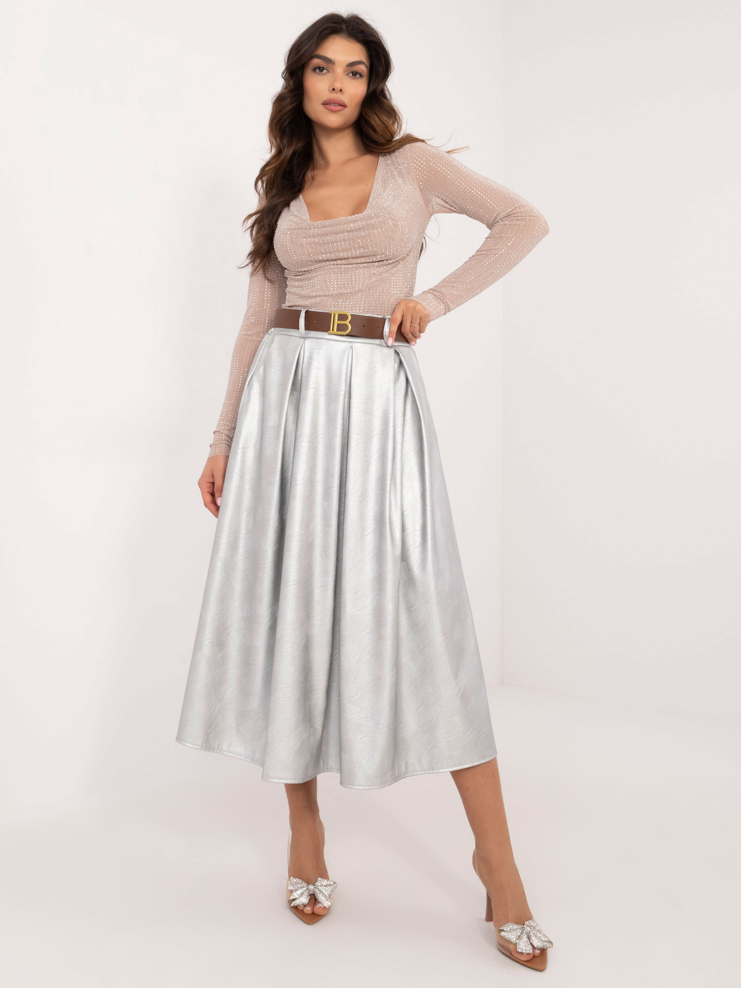 Silver midi skirt made of eco-leather