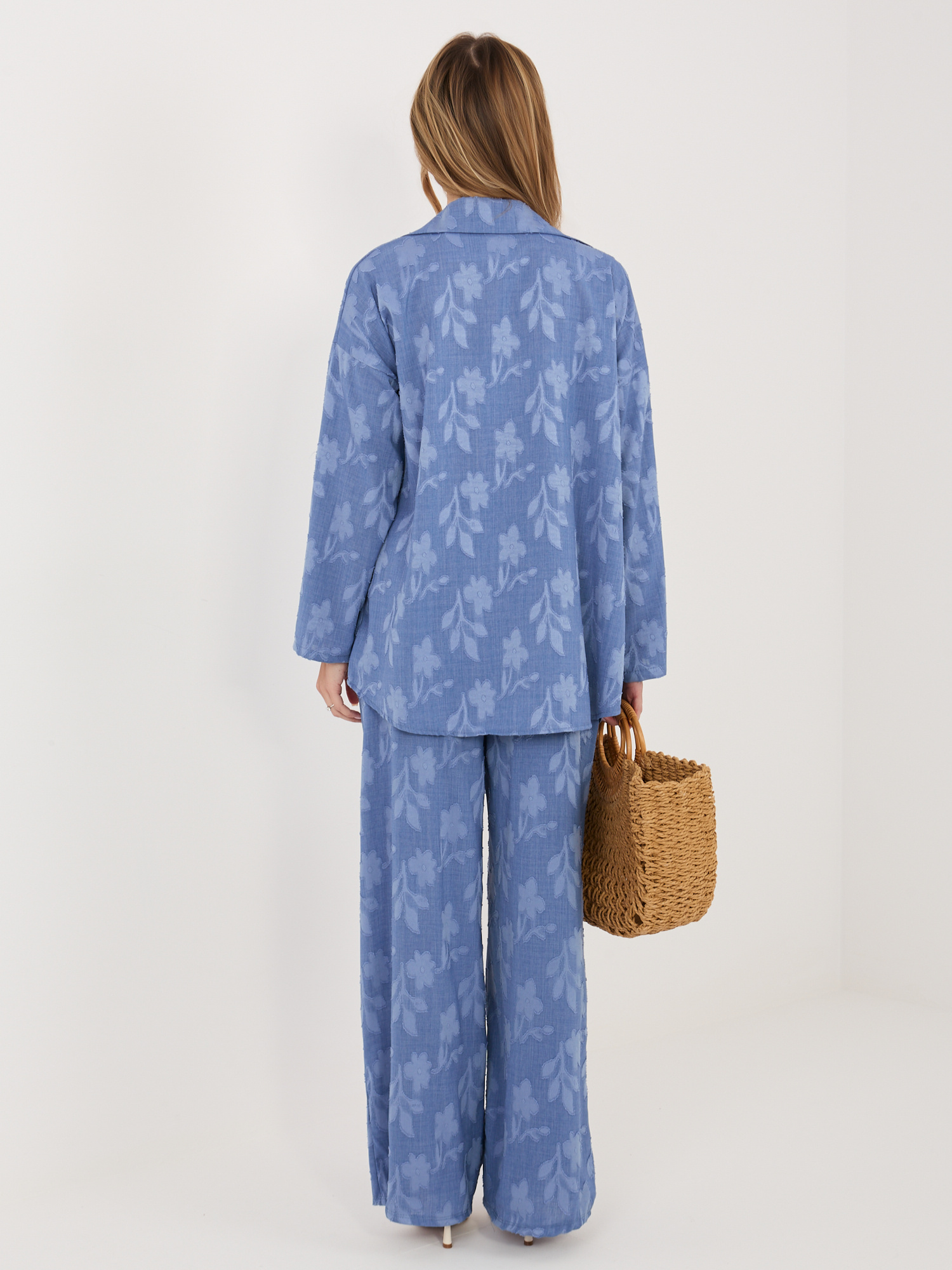 Син летен комплект с широки панталони