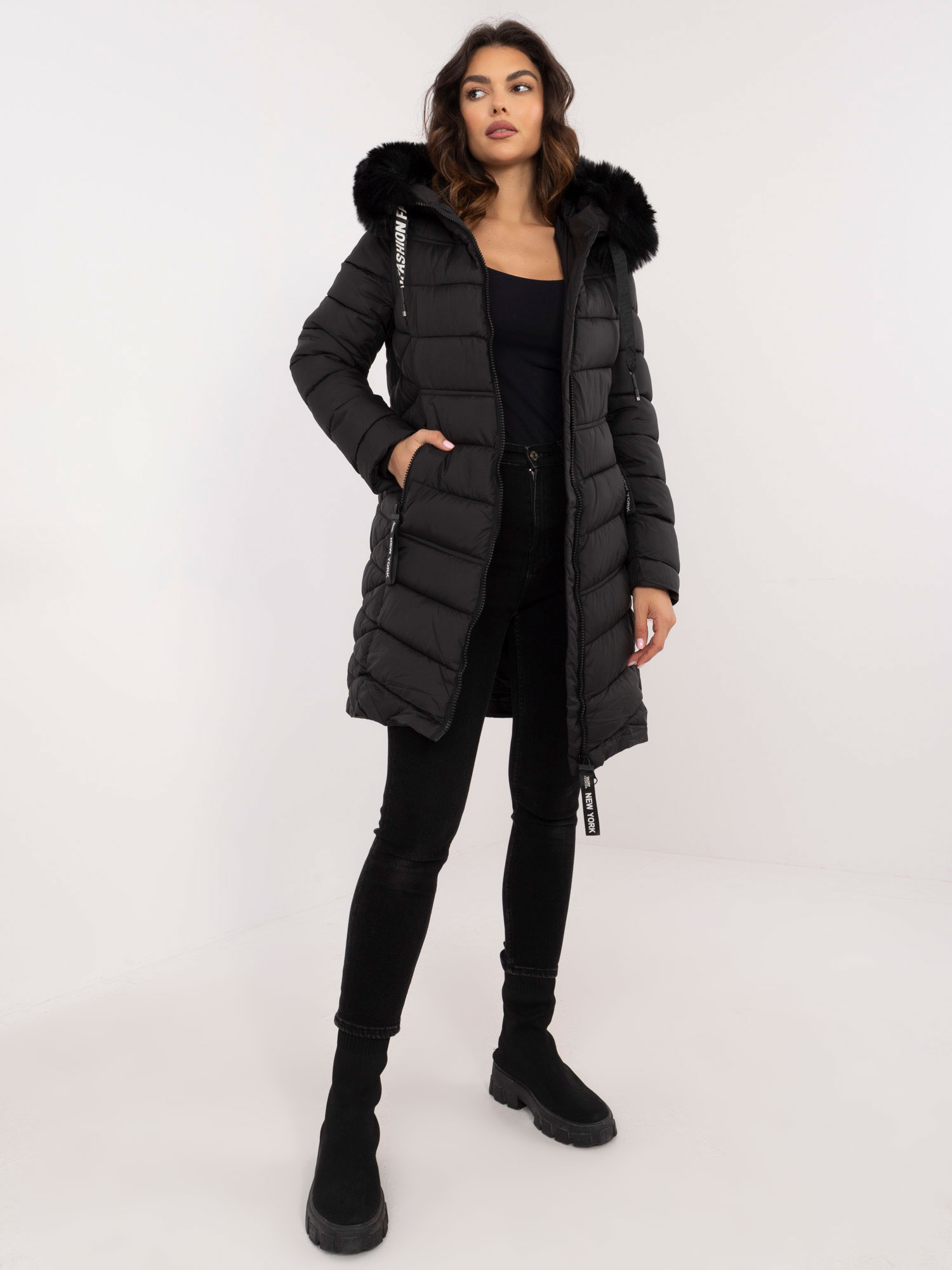 Black long winter jacket with hood