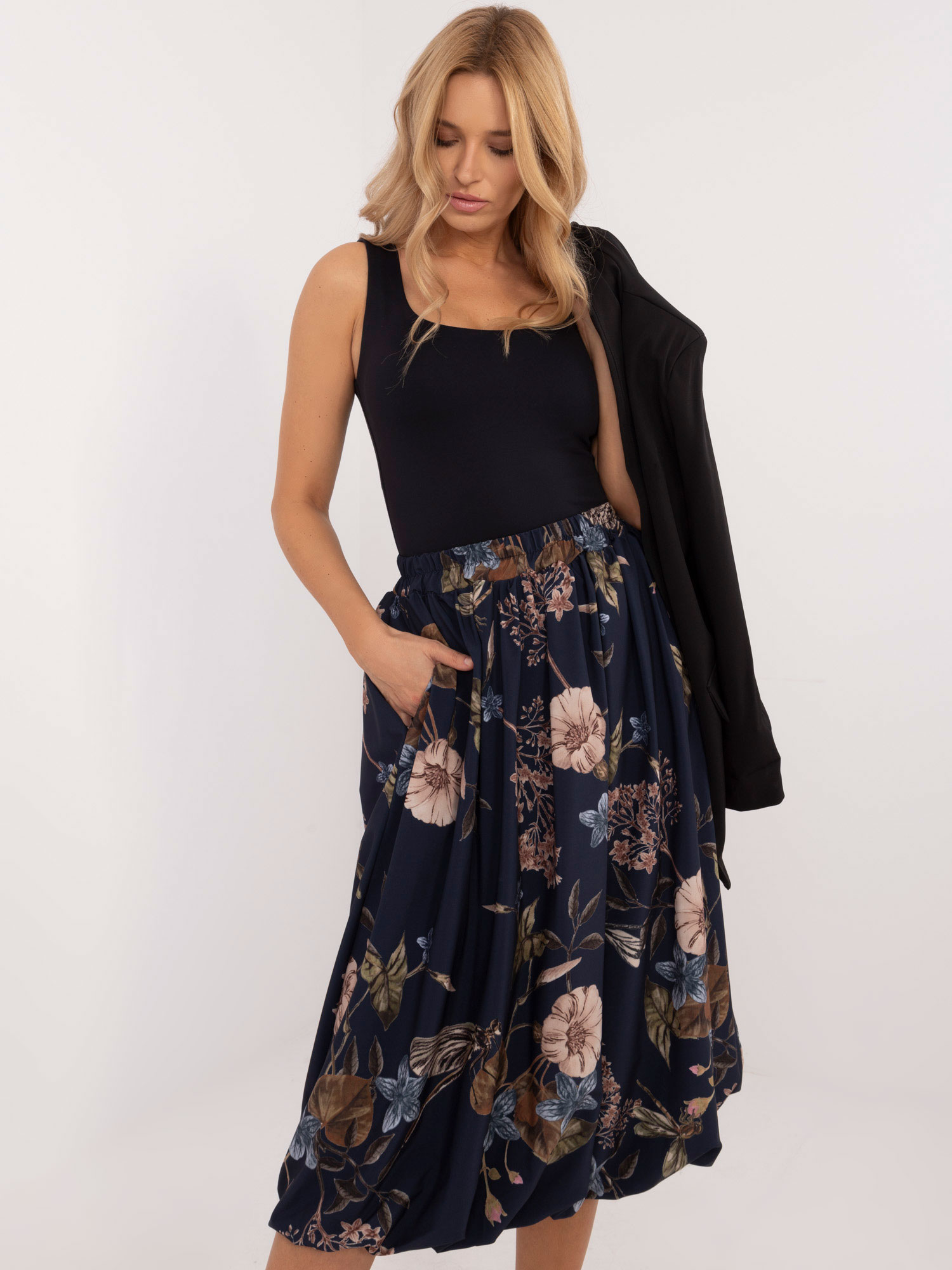 Dark blue midi skirt with a floral print