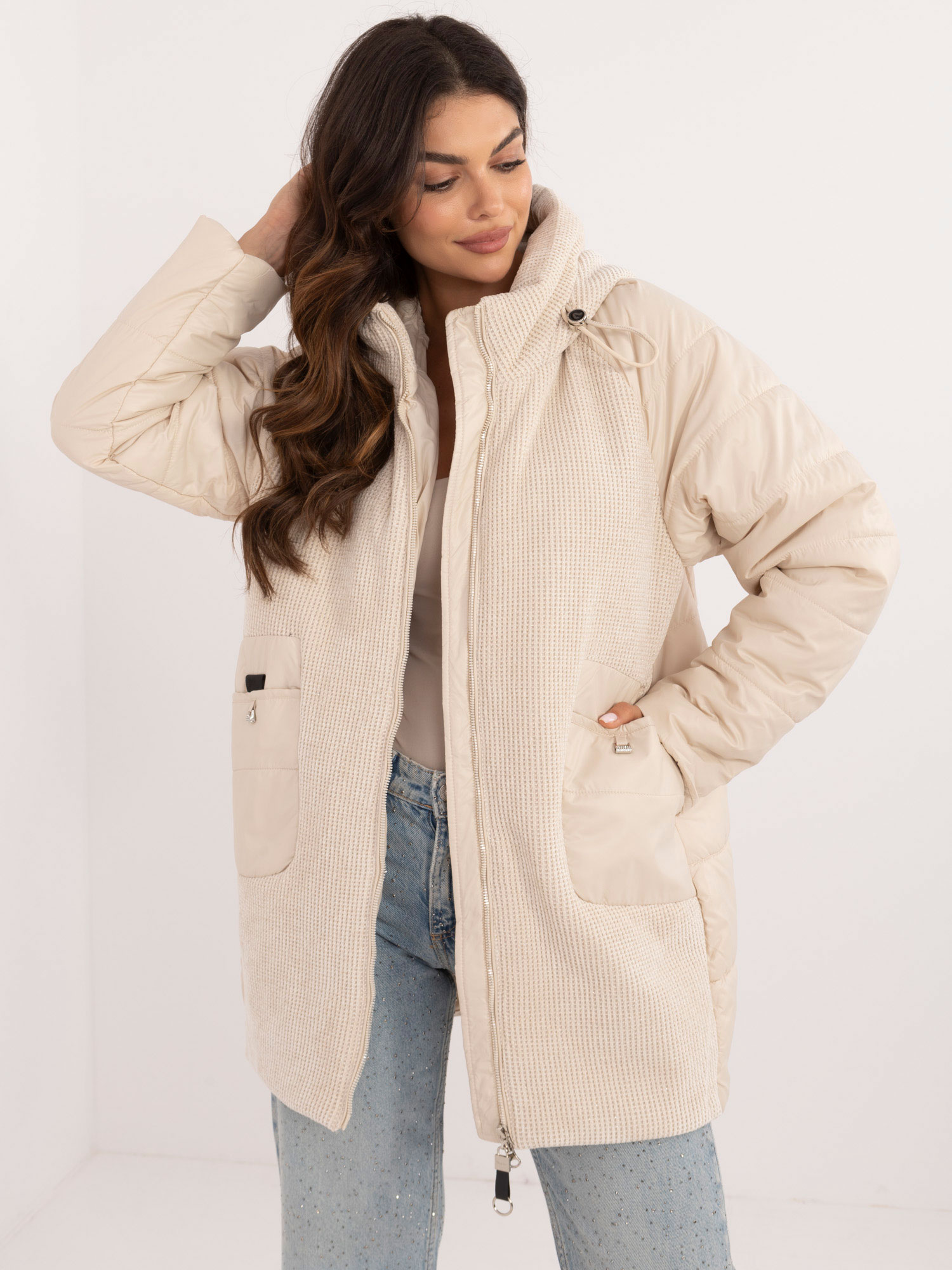 Light beige transitional jacket with shiny thread