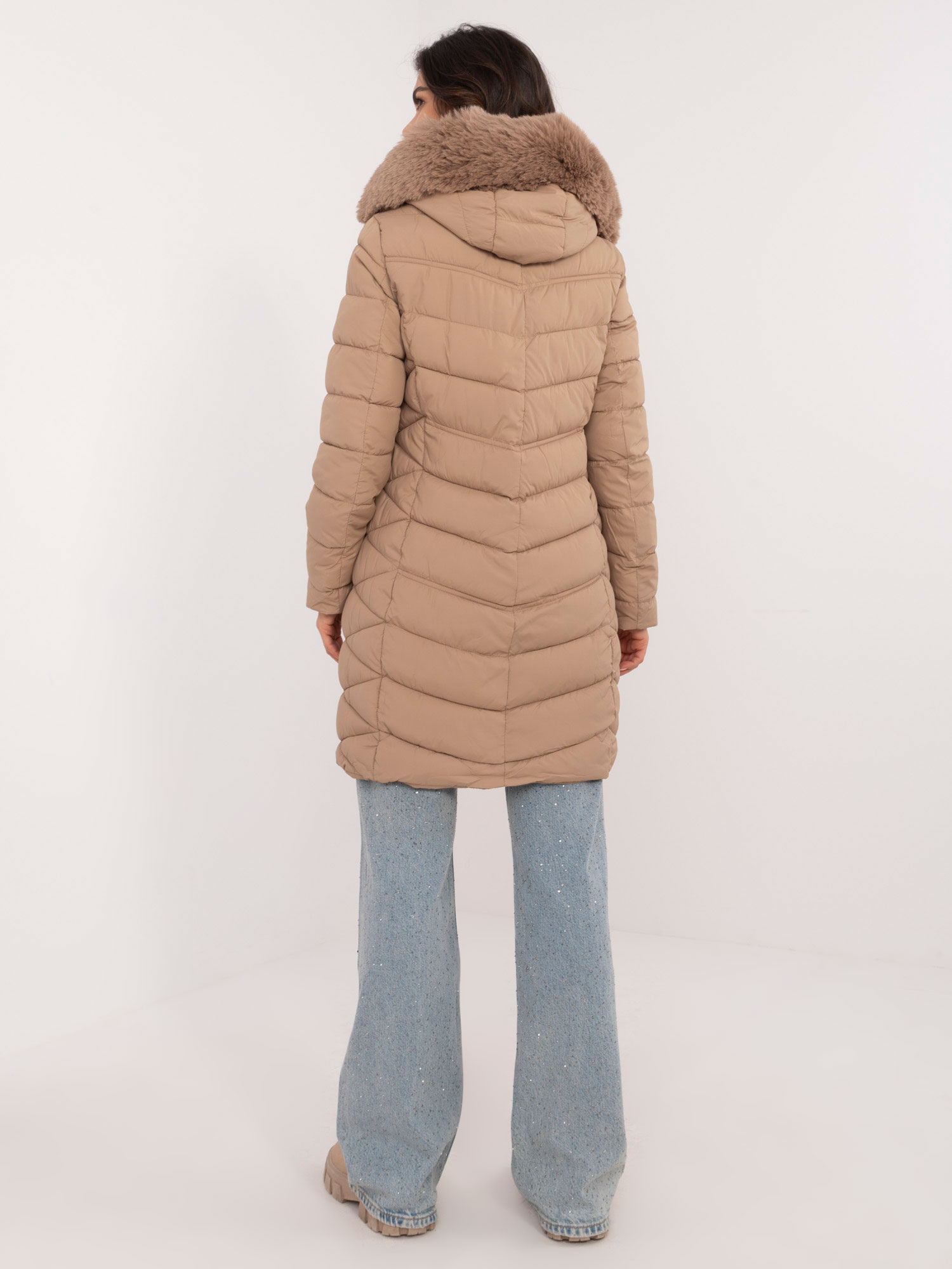 Beige long winter jacket with hood