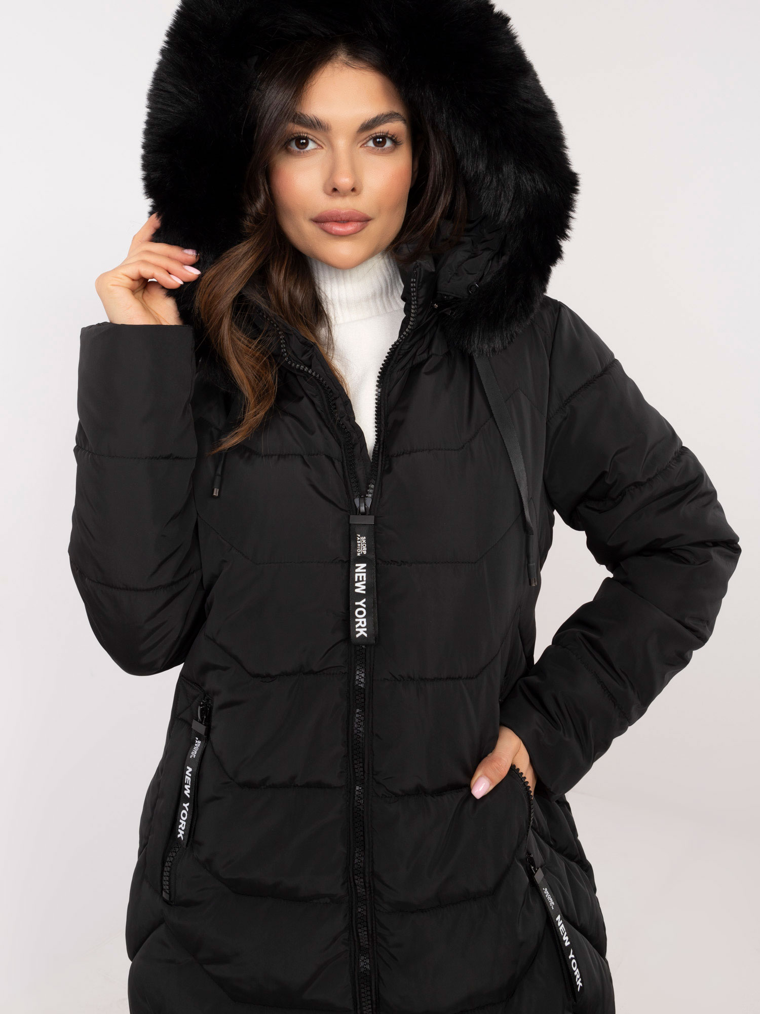 Black down winter jacket with fur