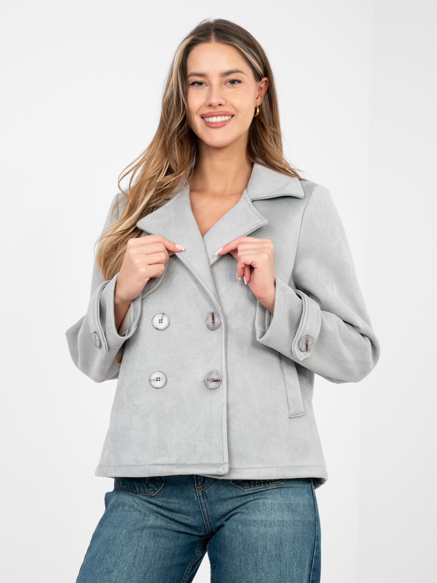 Světle šedý semišový kabát