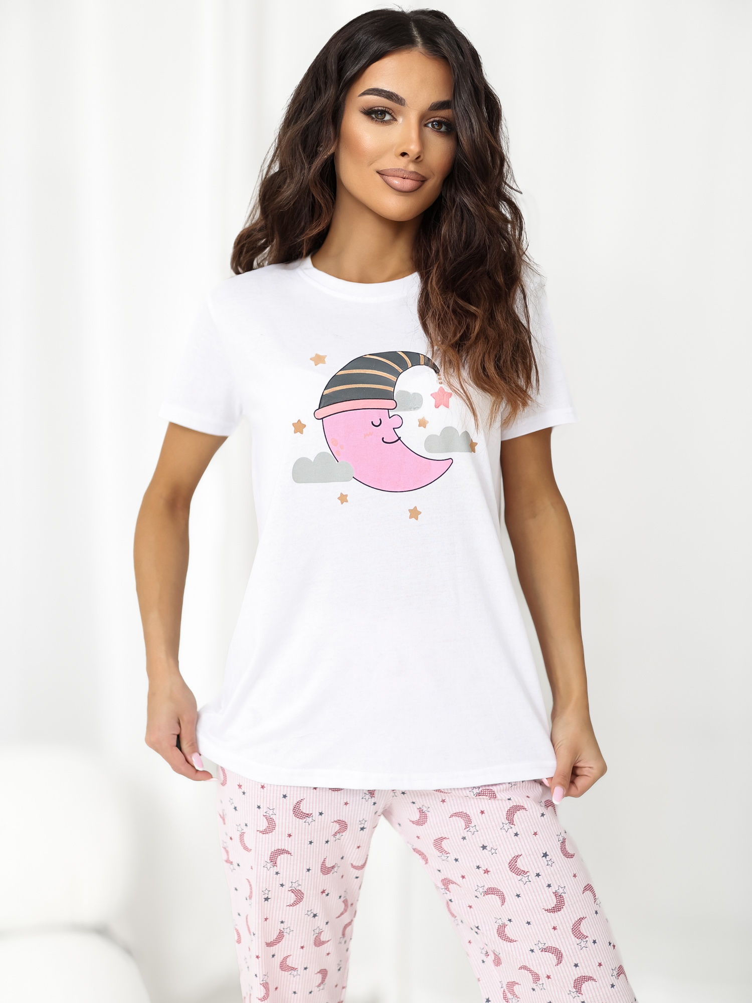 Розова памучна пижама с пантофи