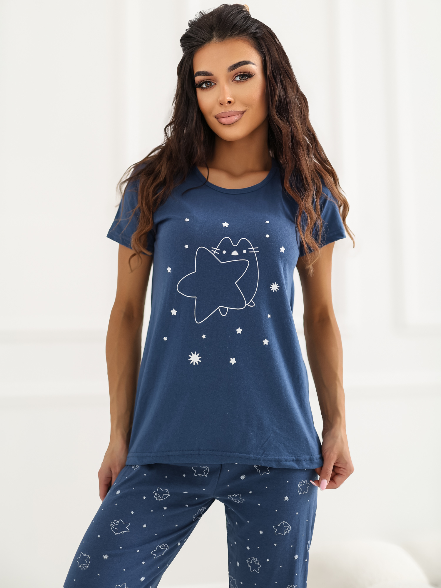 Дамска пижама с щампа - тъмносиня