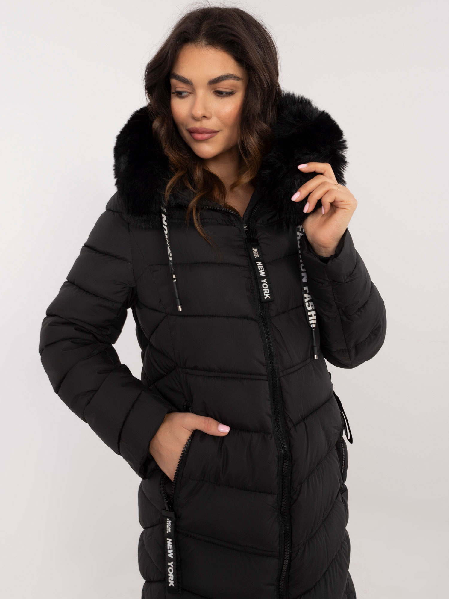 Black long winter jacket with hood