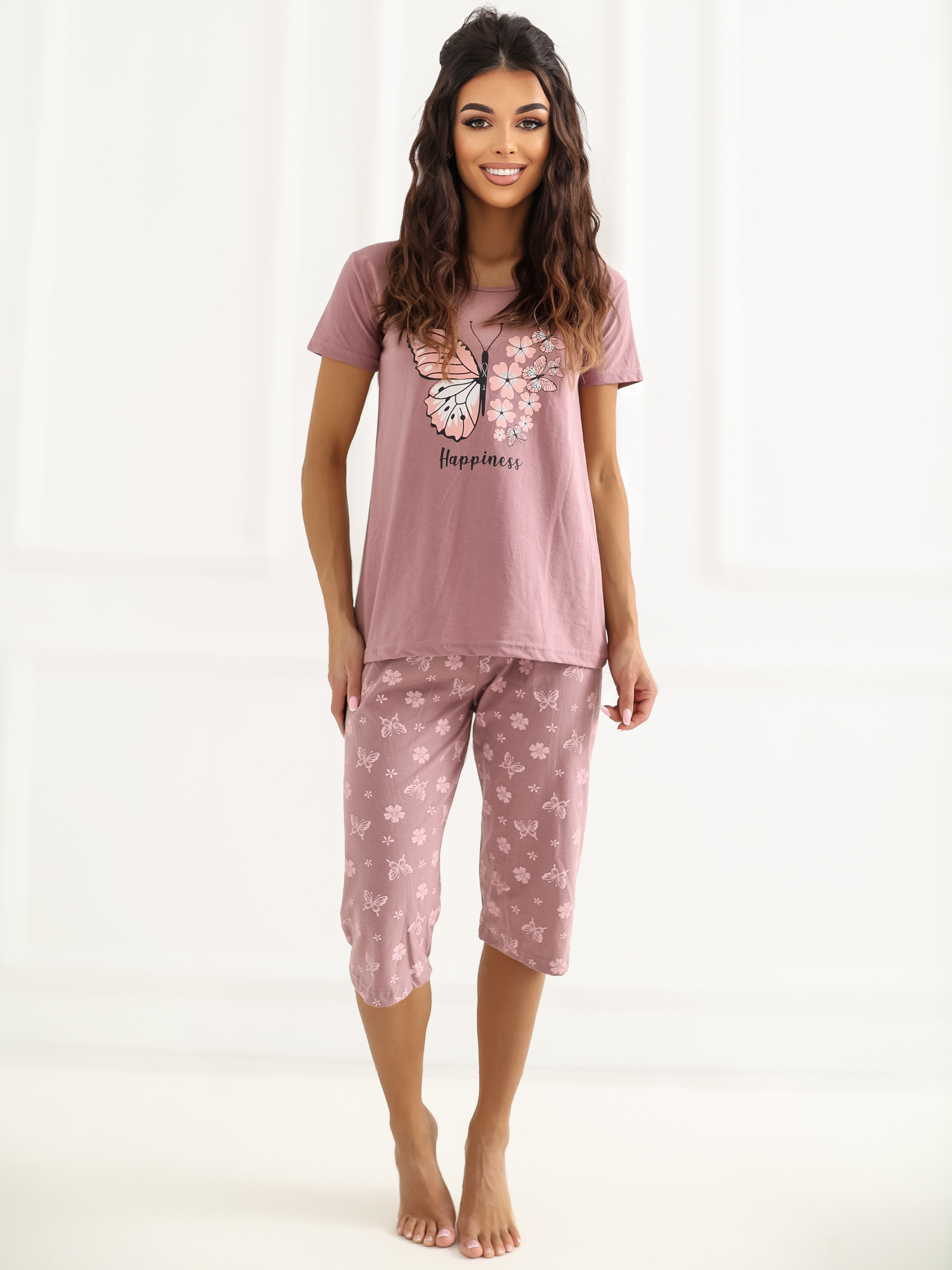 Памучна пижама, тъмно розова