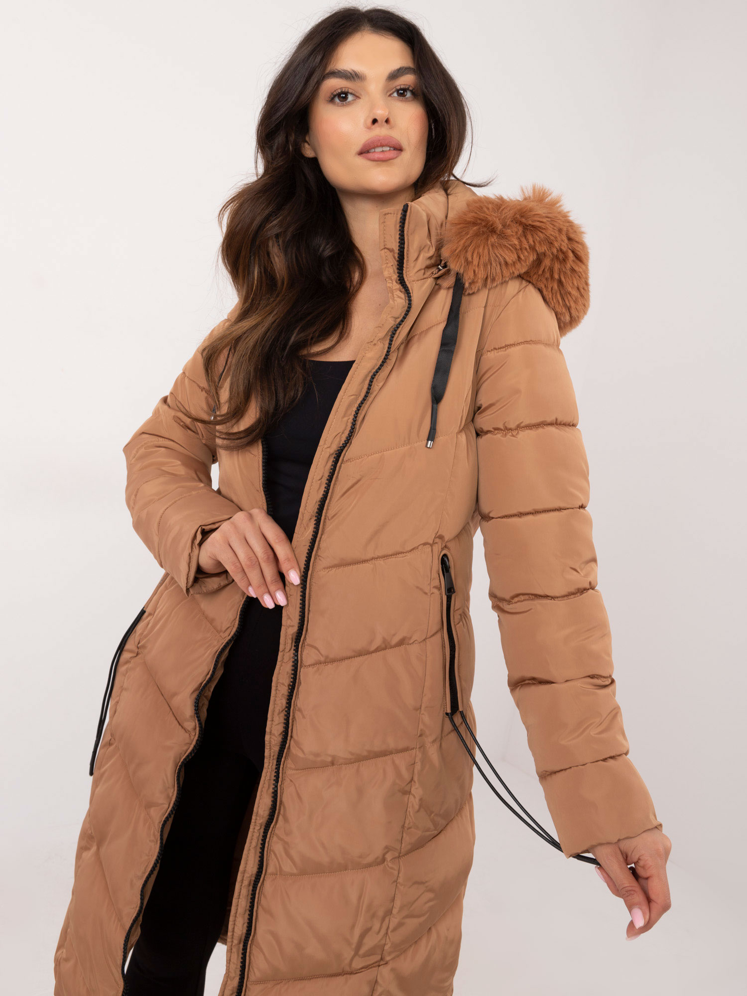 Brown quilted winter jacket with fur