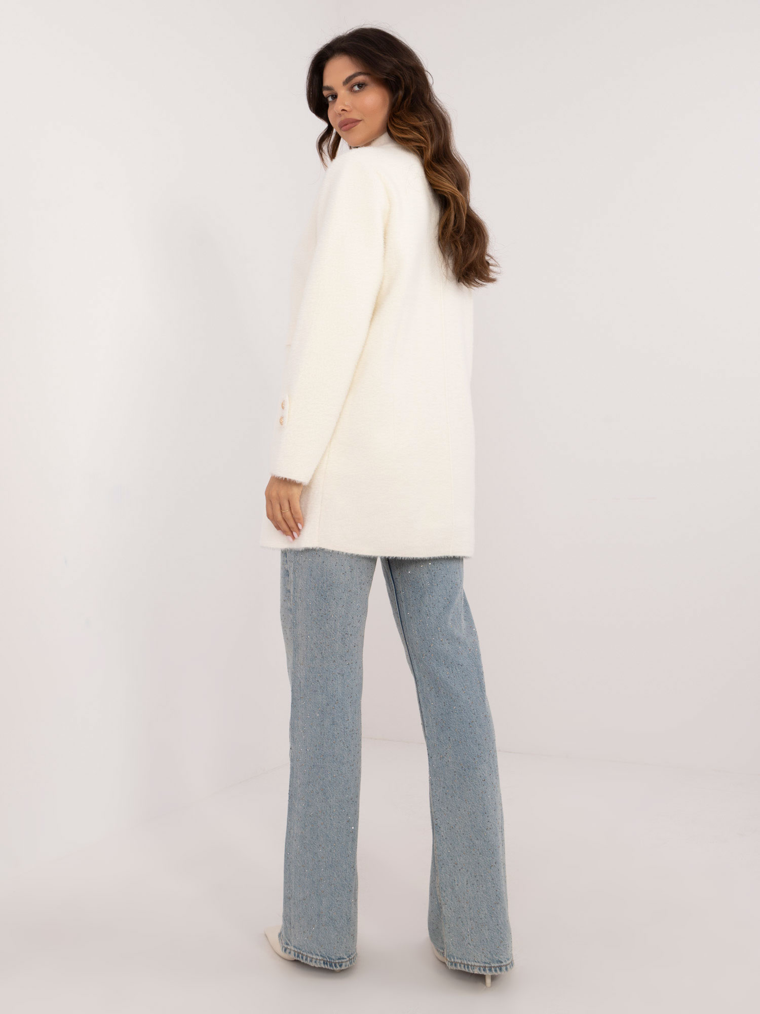 Ecru elegant alpaca coat with stand-up collar