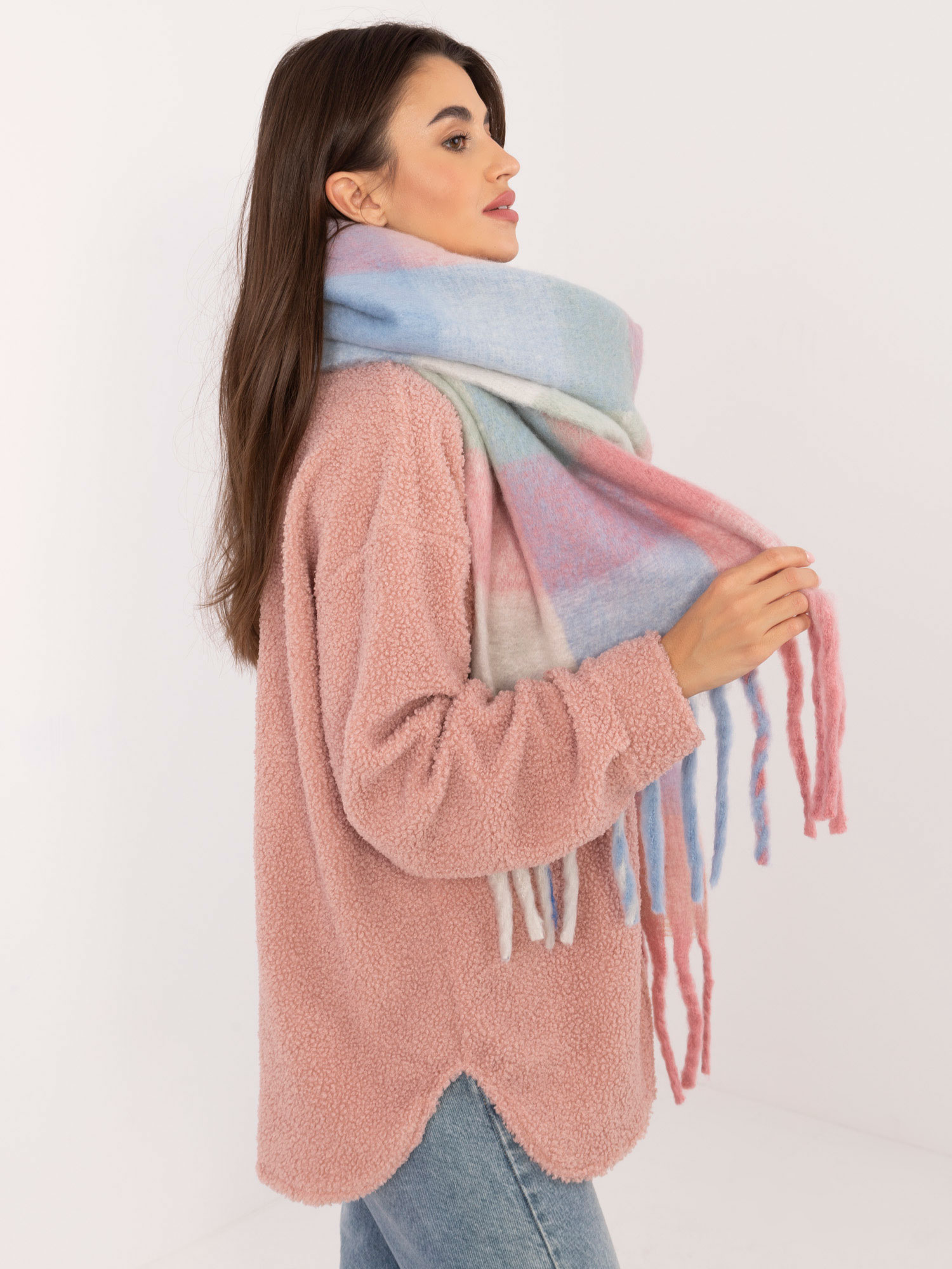 Blue and pink warm checkered scarf