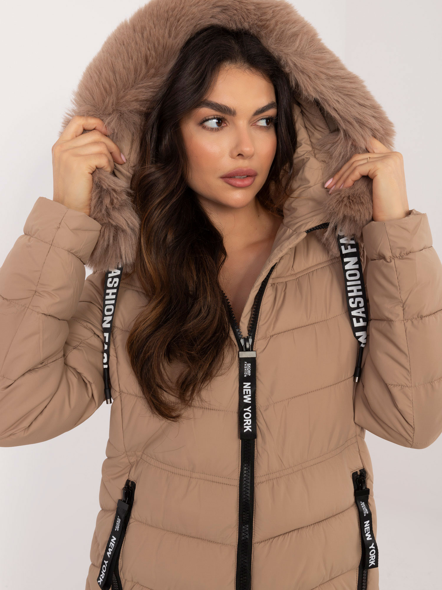 Beige long winter jacket with hood
