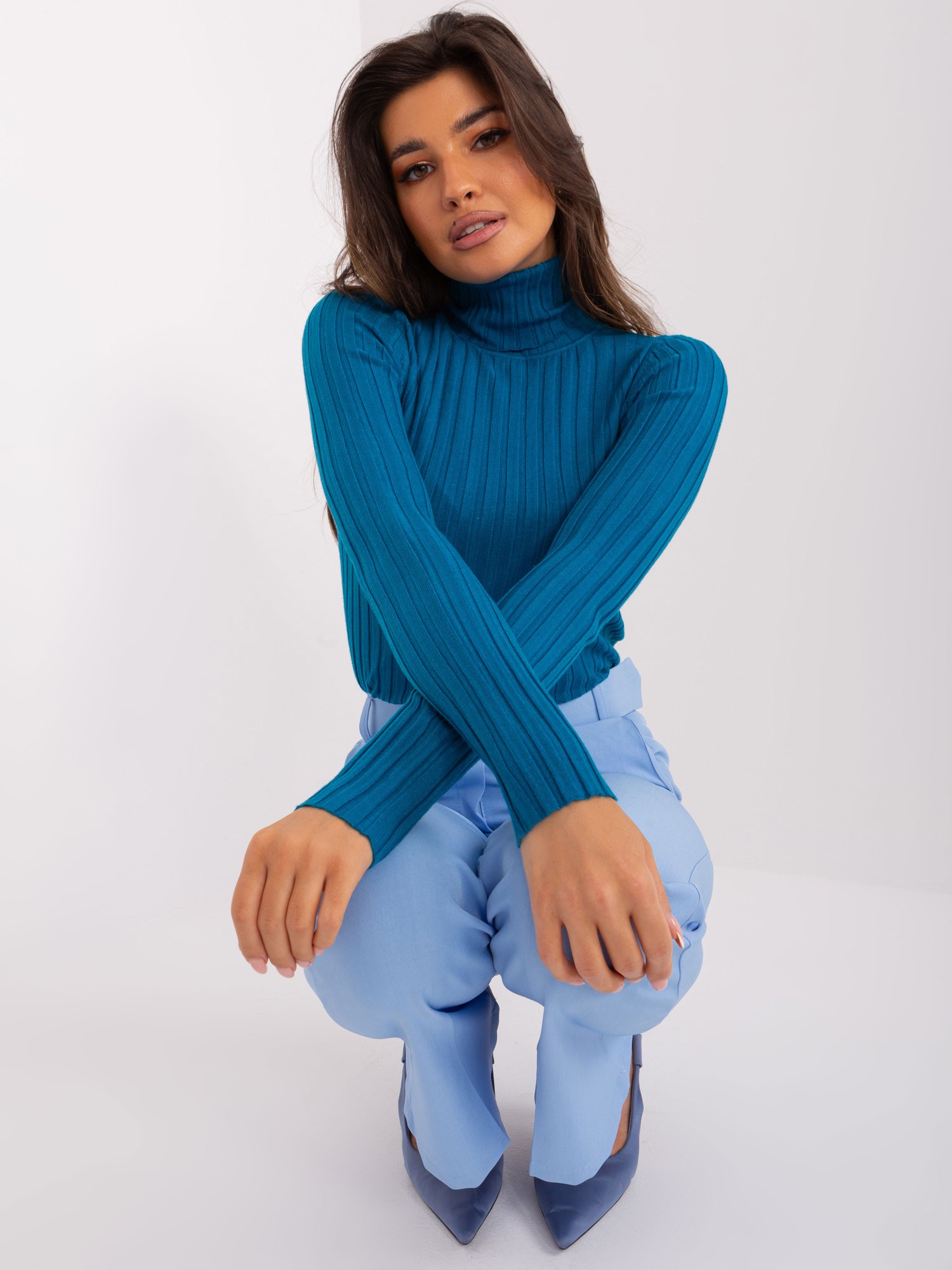 Blue Sweater With Ribbed Turtleneck