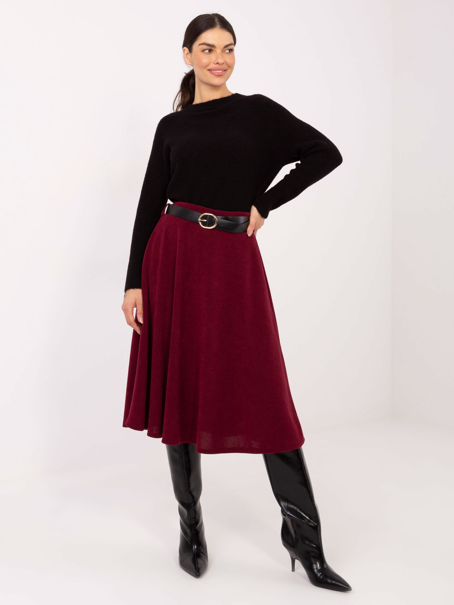 Bordová midi sukně s páskem