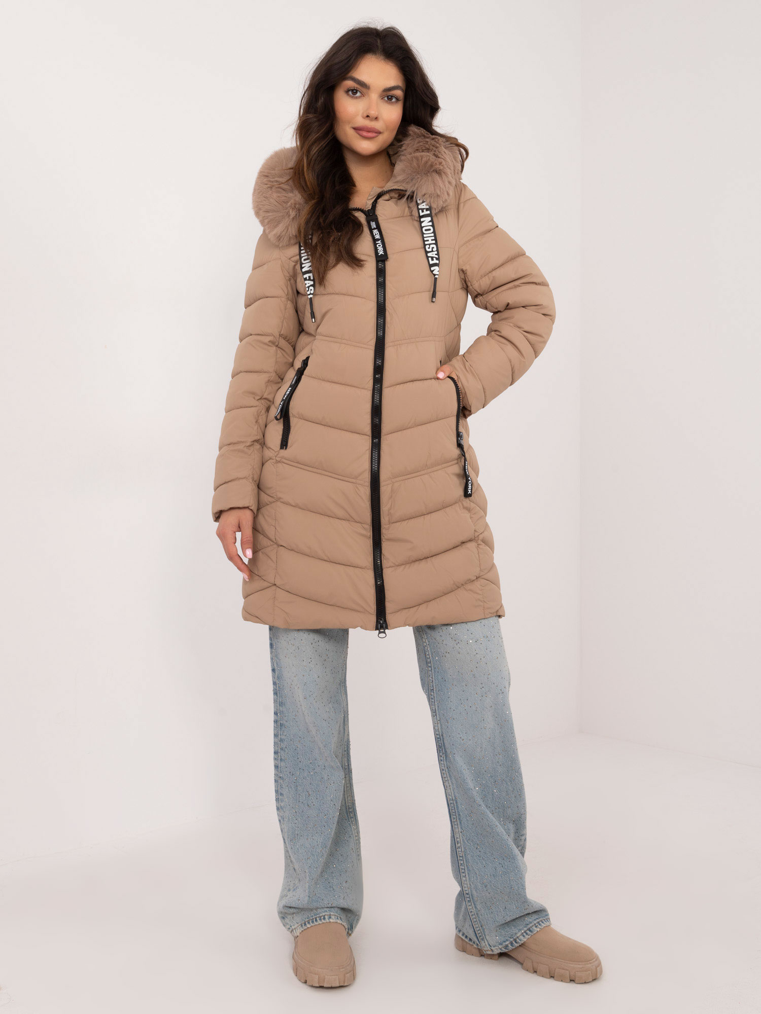 Beige long winter jacket with hood