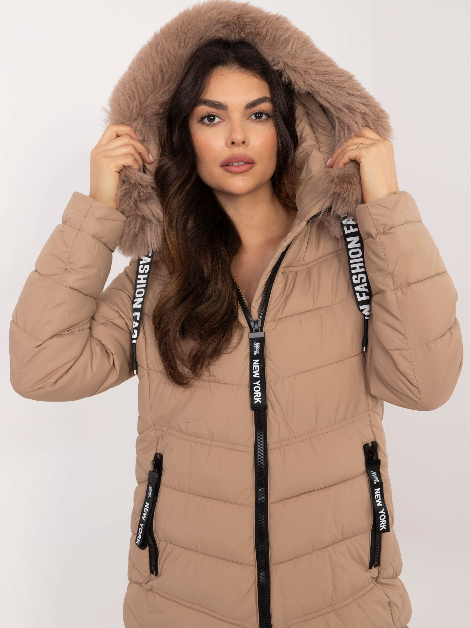 Beige long winter jacket with hood