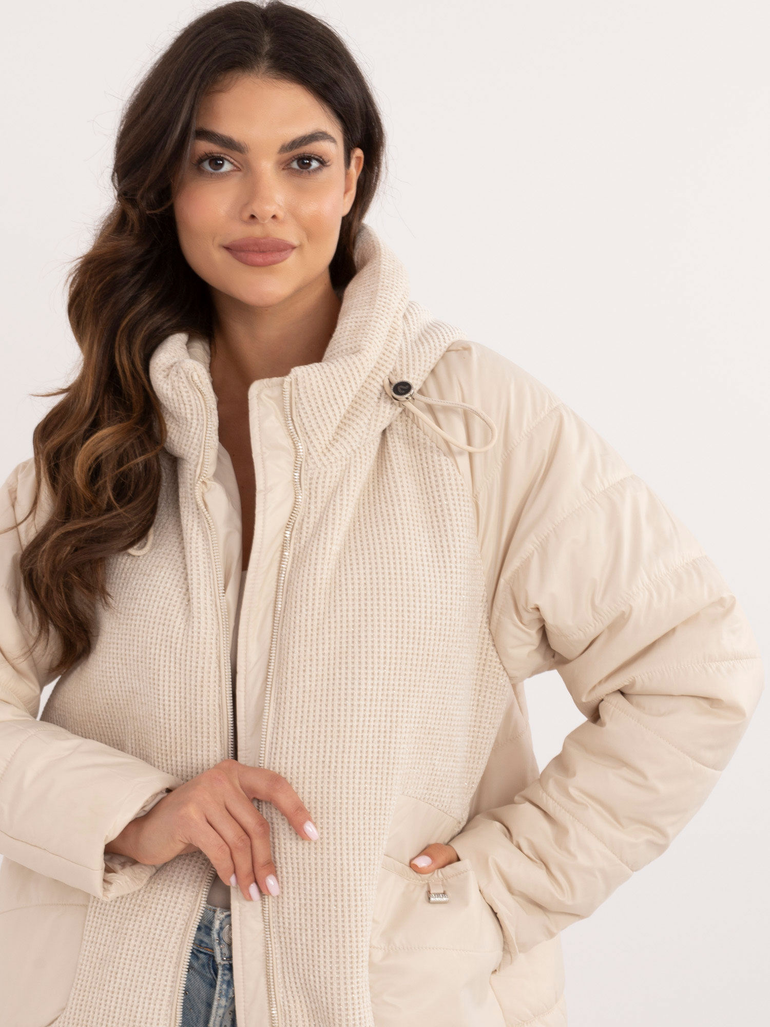 Light beige transitional jacket with shiny thread