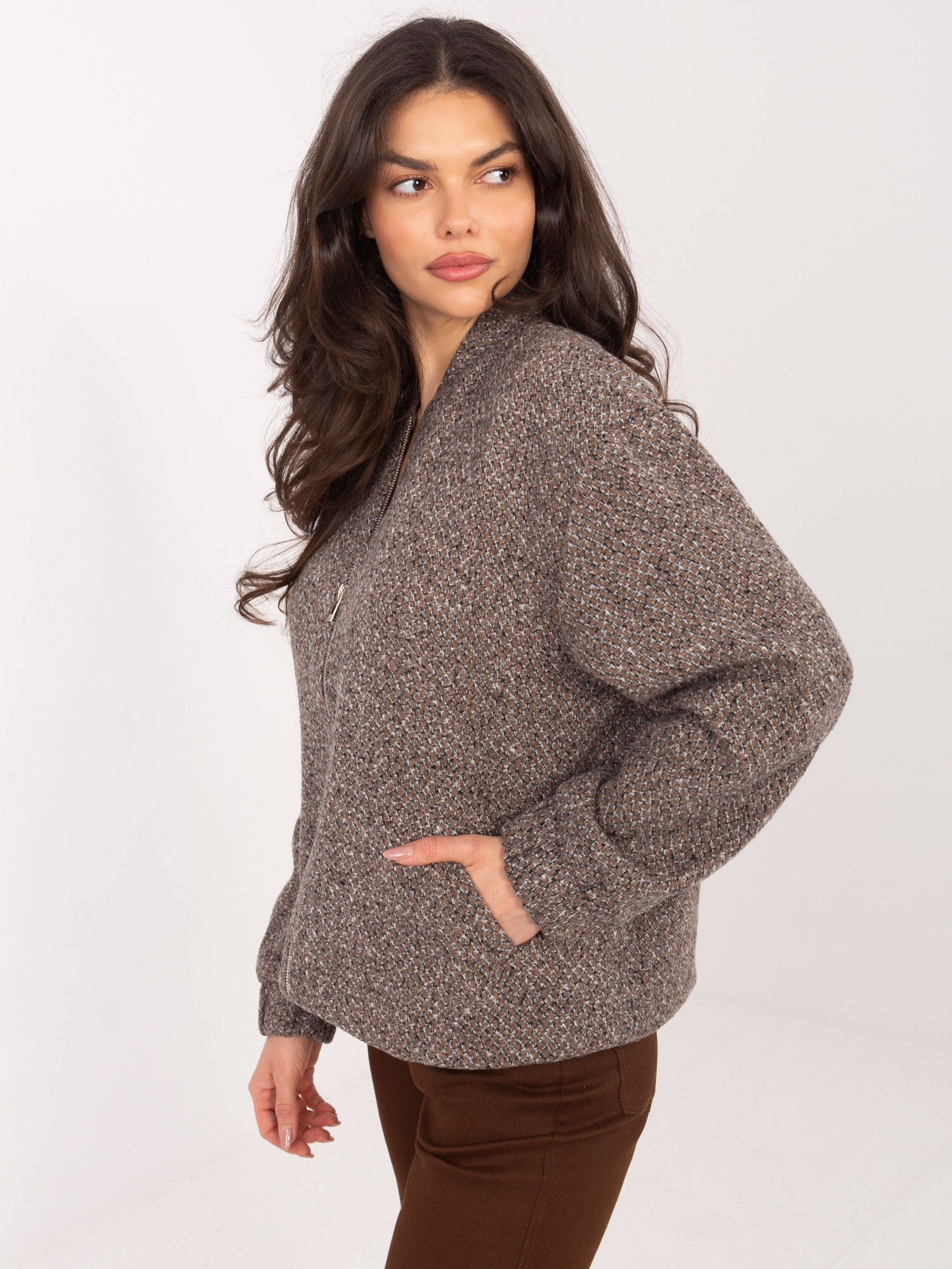 Дамски суитшърт с цип в тъмнобежово