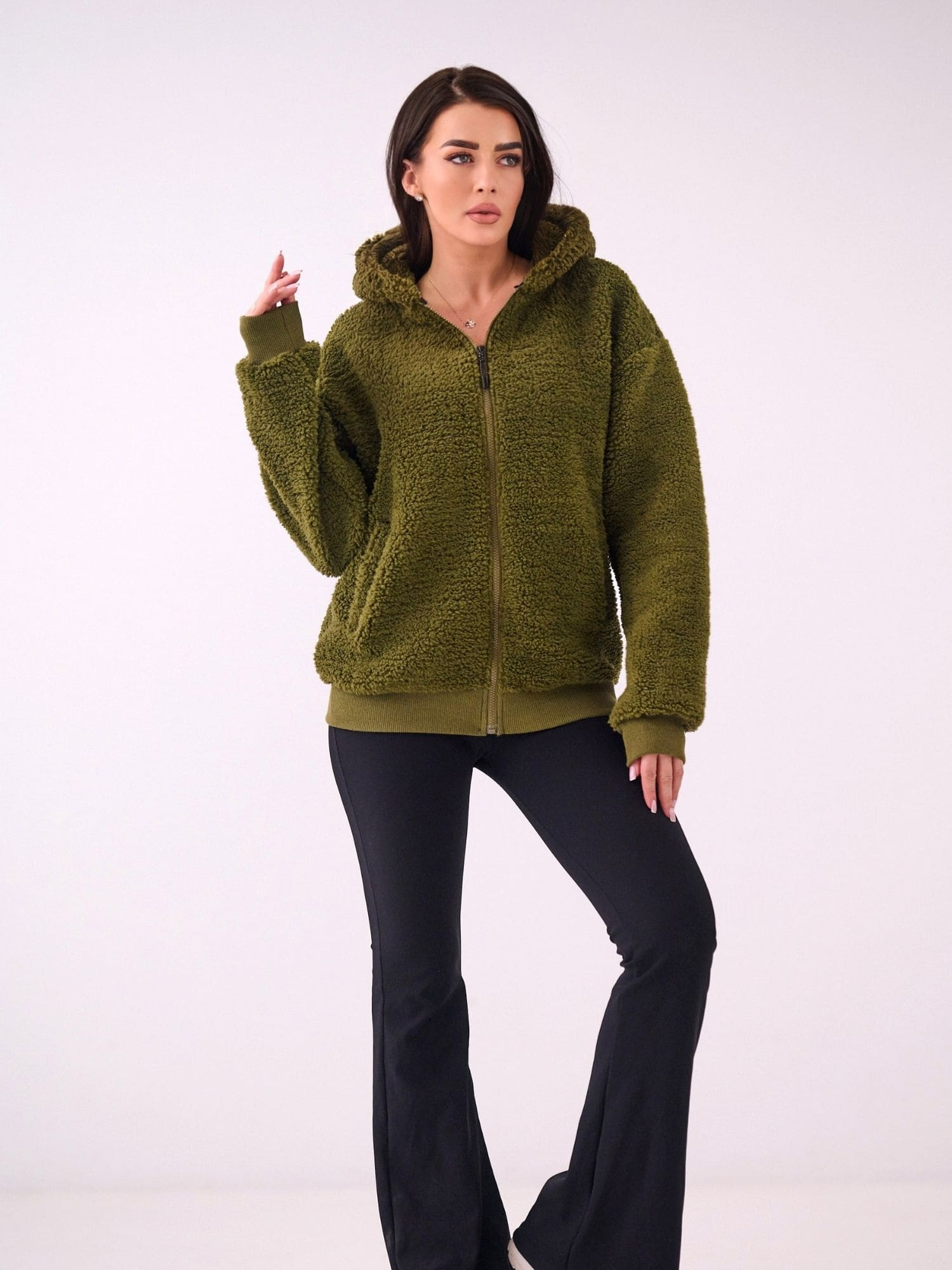 Khaki fleecová mikina s kapucí