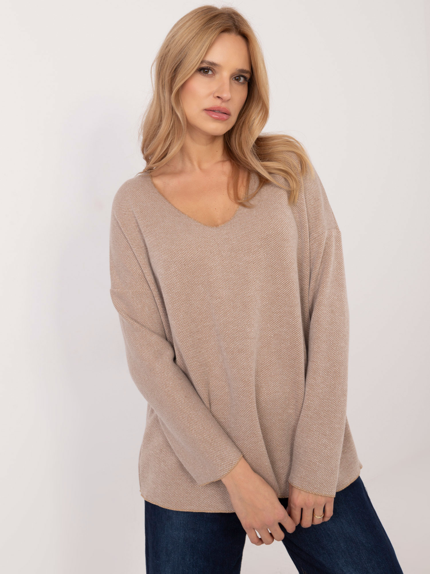 Beige Oversize Sweater With Shiny Thread