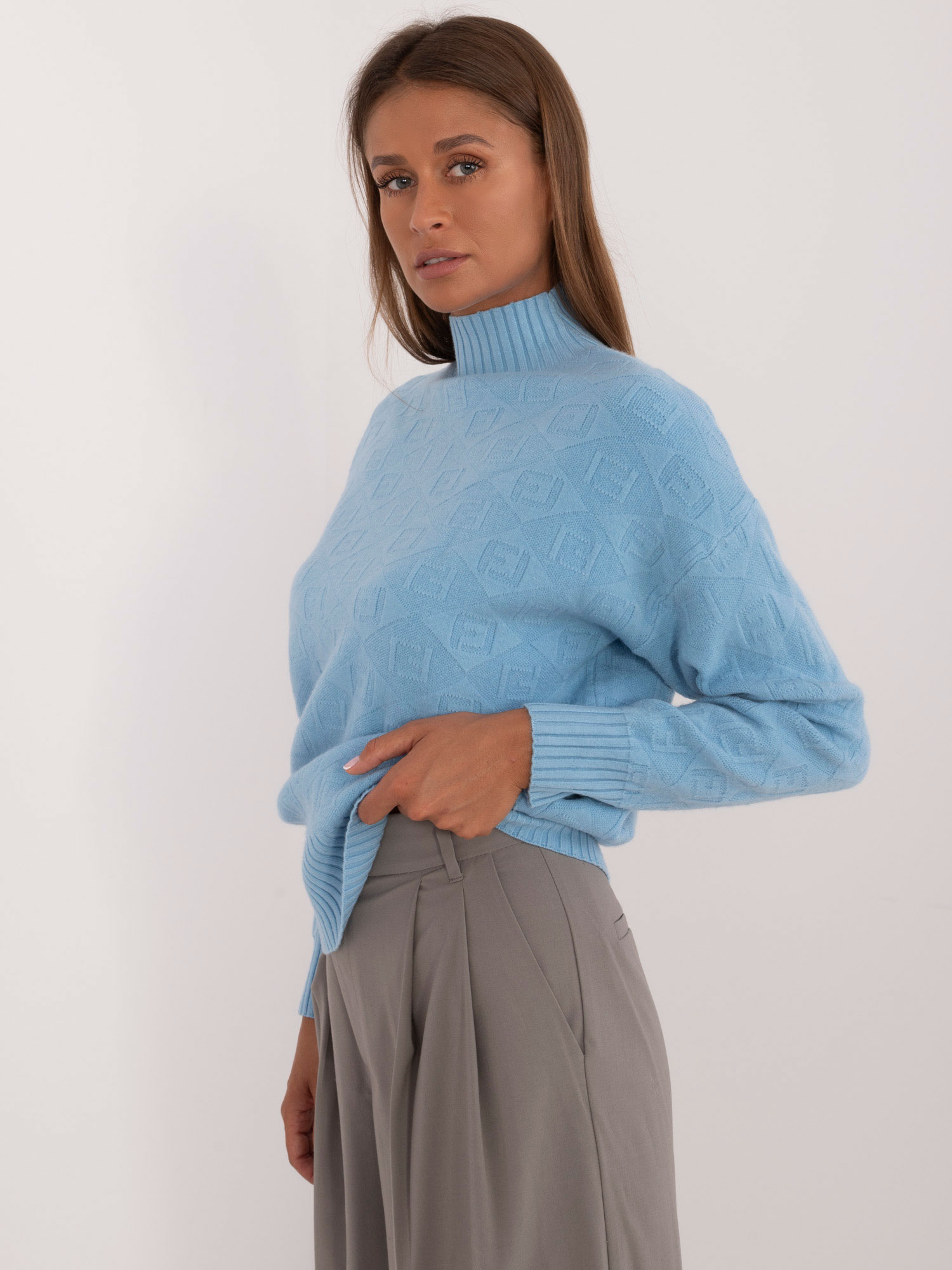 Blue turtleneck sweater with cuffs
