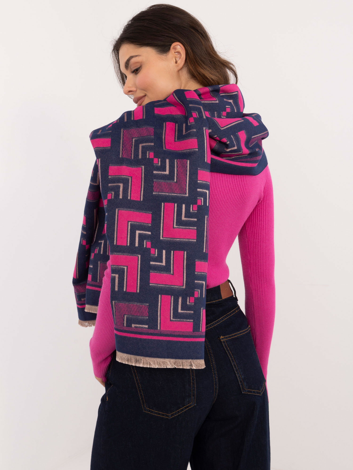 Navy Blue And Fuchsia Women's Scarf With Patterns