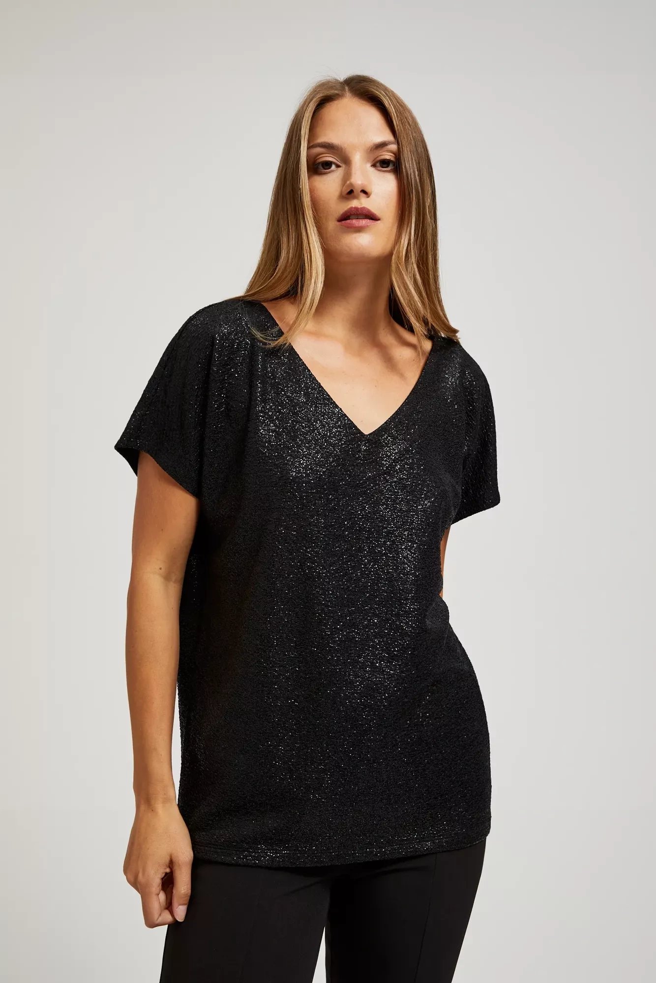 Marisse Elegant V-Neck Blouse Made Of Shiny Black Fabric