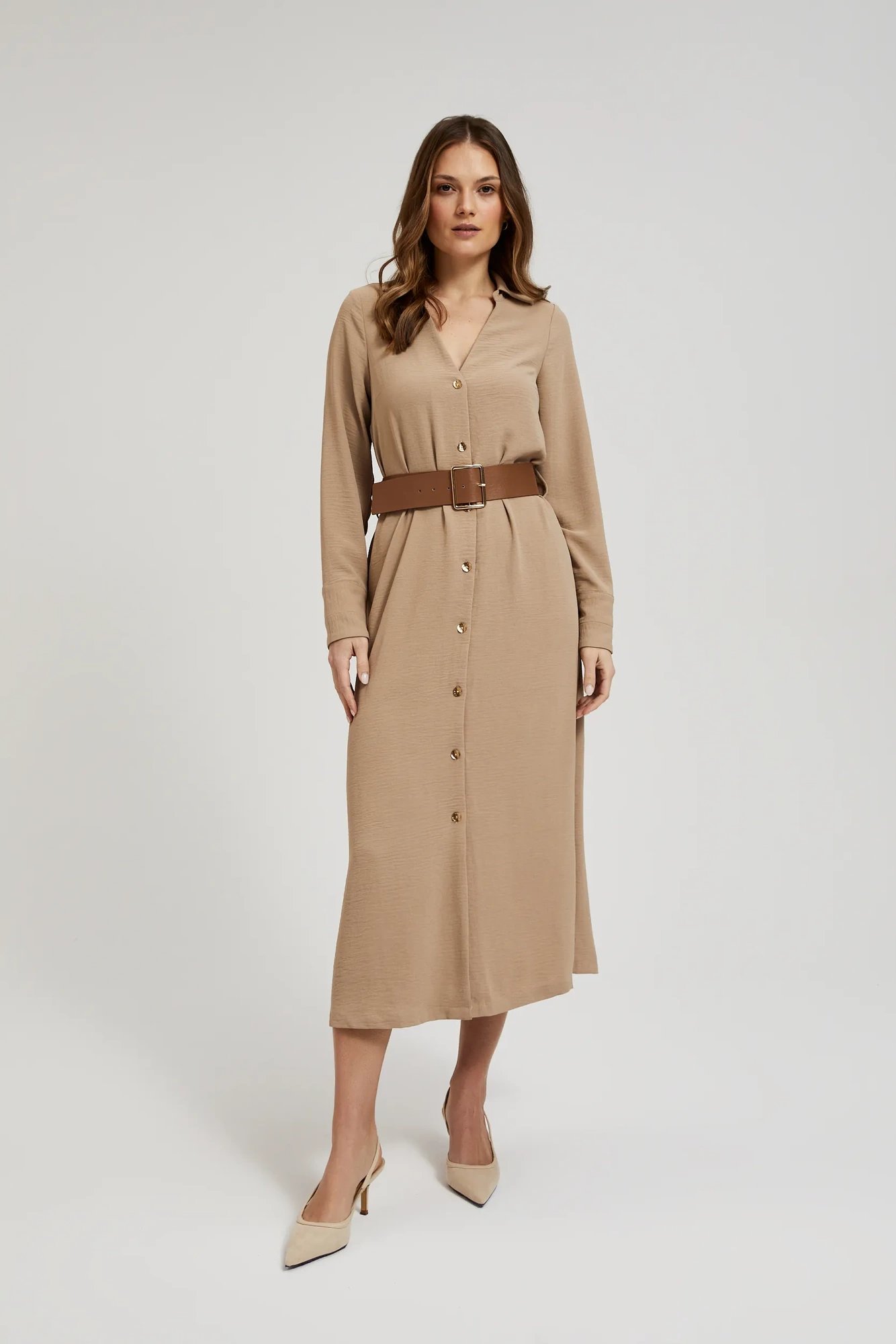 Marisse Beige Midi Dress With A Wide Belt