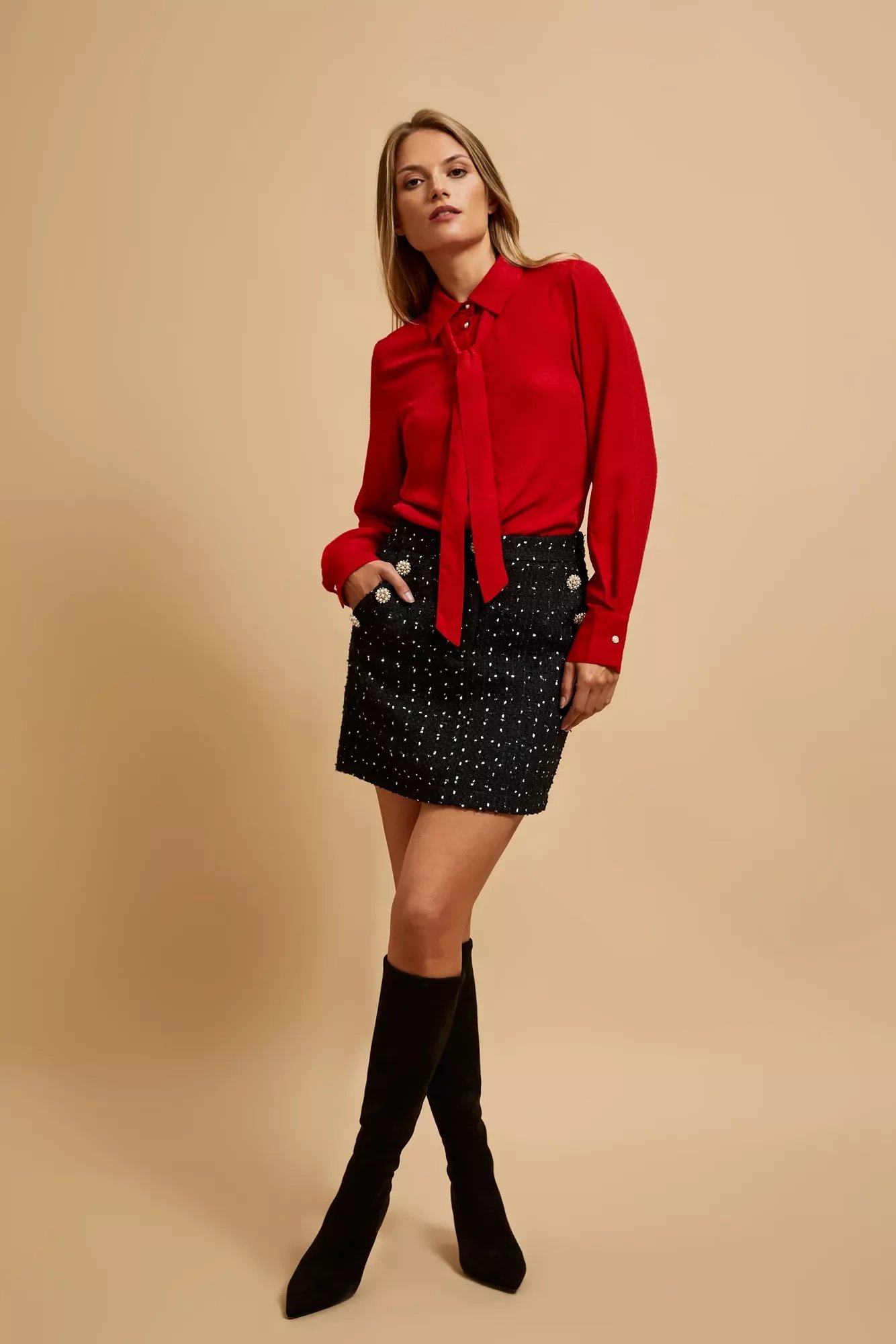 Marisse Red Tie-Neck Shirt