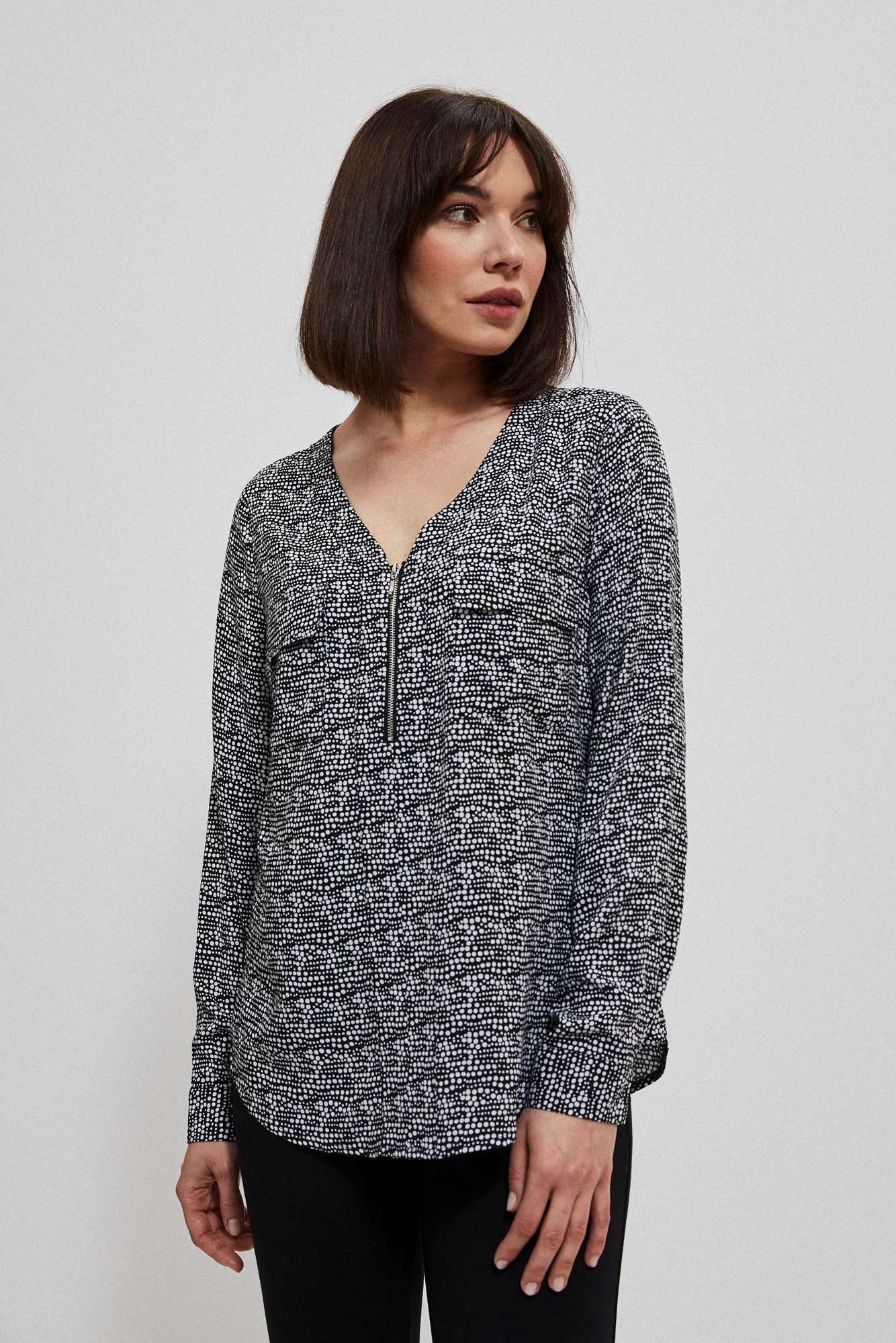 Viscose shirt with a V-neck and decorative zipper