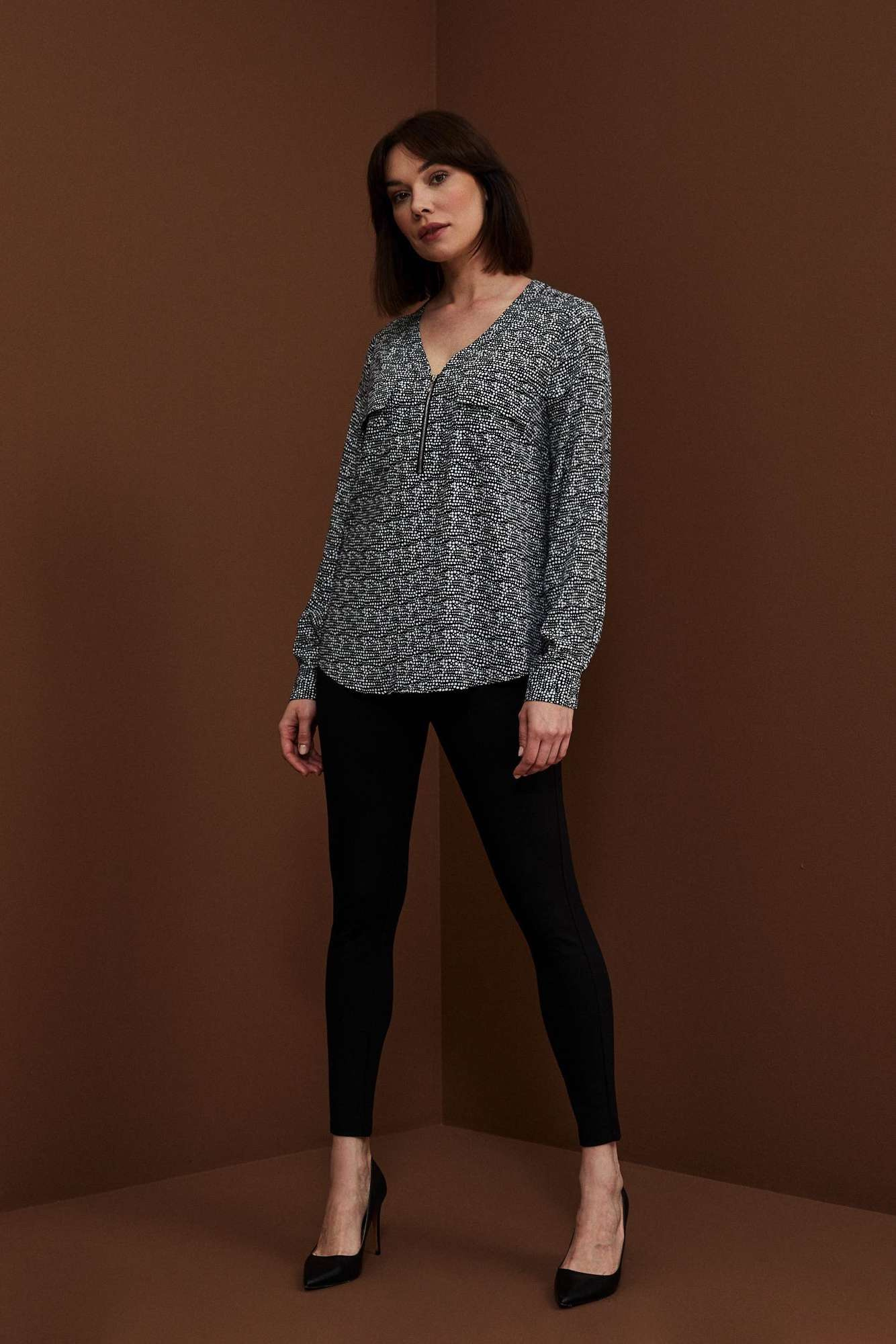 Viscose shirt with a V-neck and decorative zipper