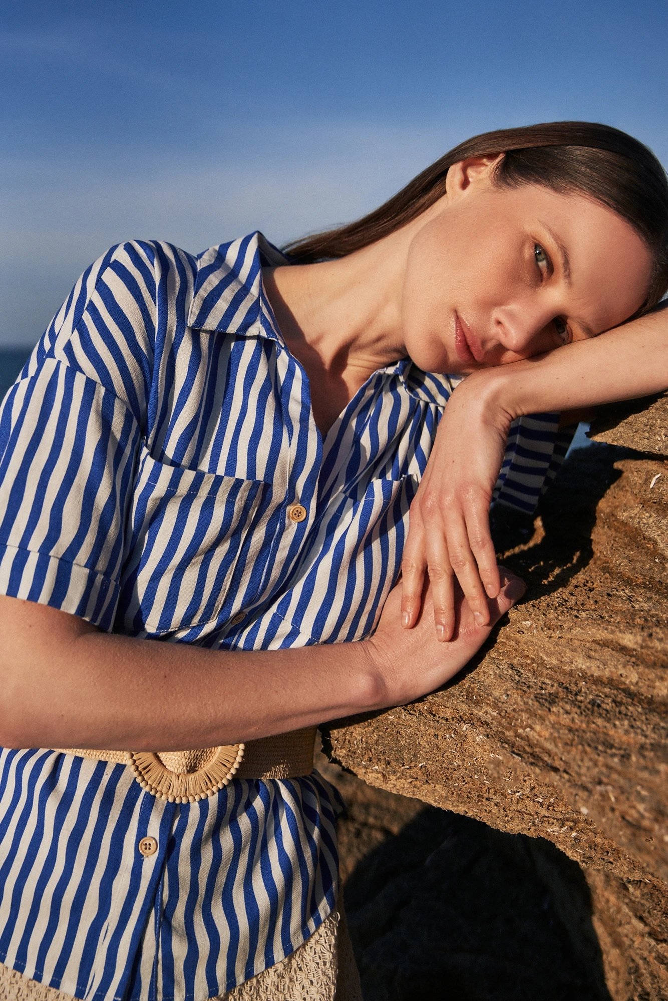 Women's striped shirt with pocket MOODO - navy blue