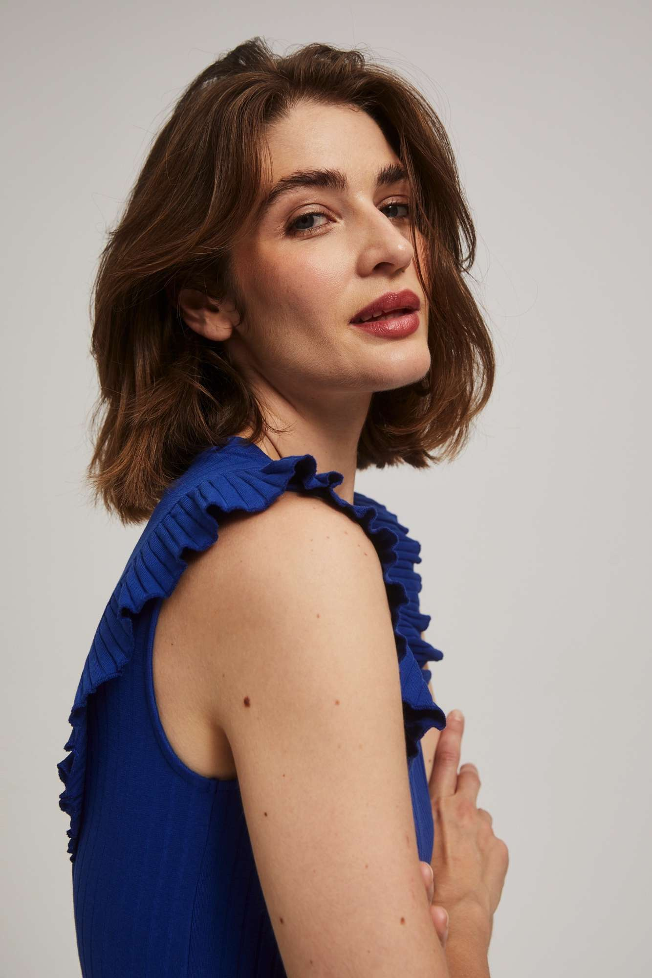Marisse Blue Ribbed Blouse With Ruffles