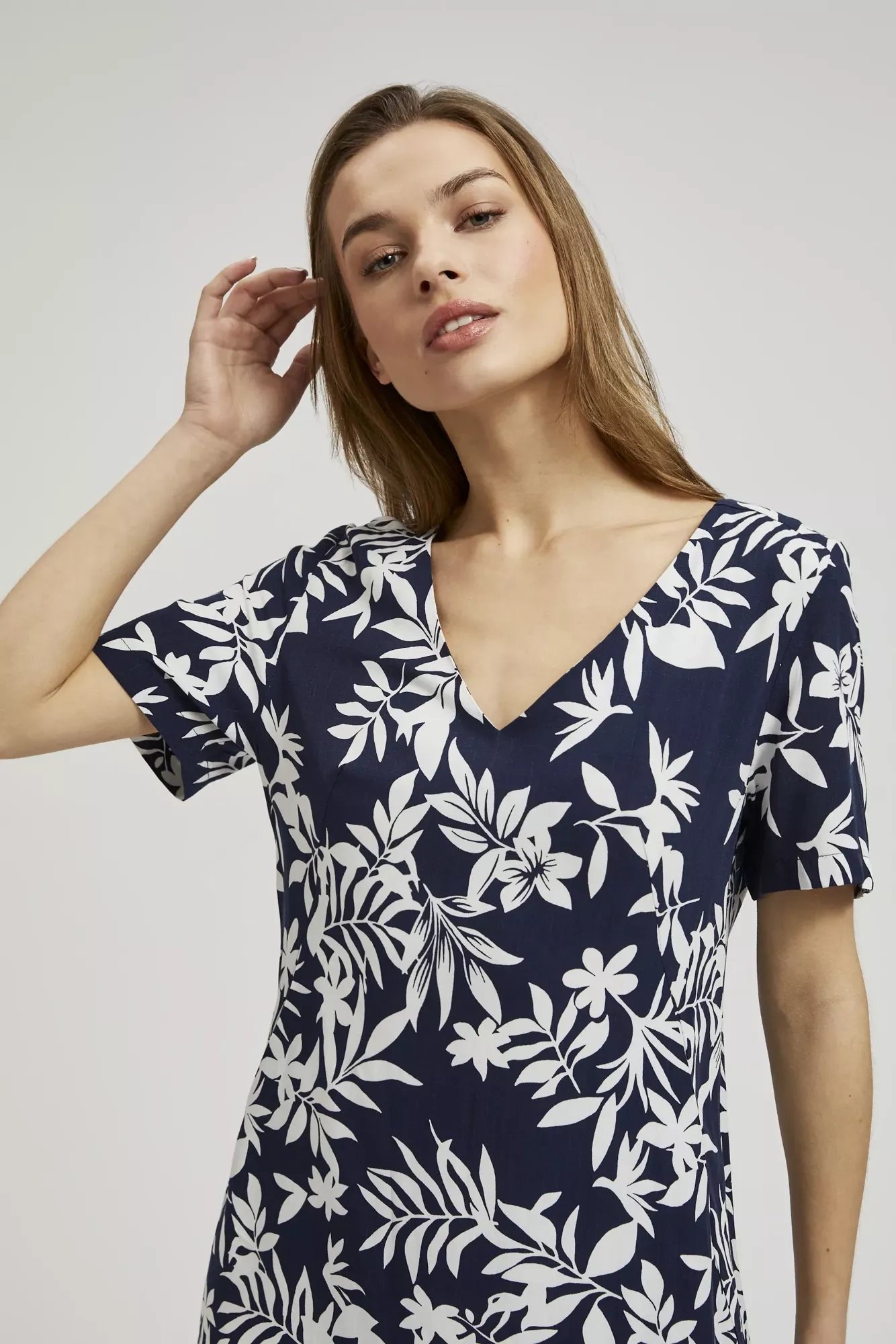 Women's dress MOODO - navy blue, floral pattern