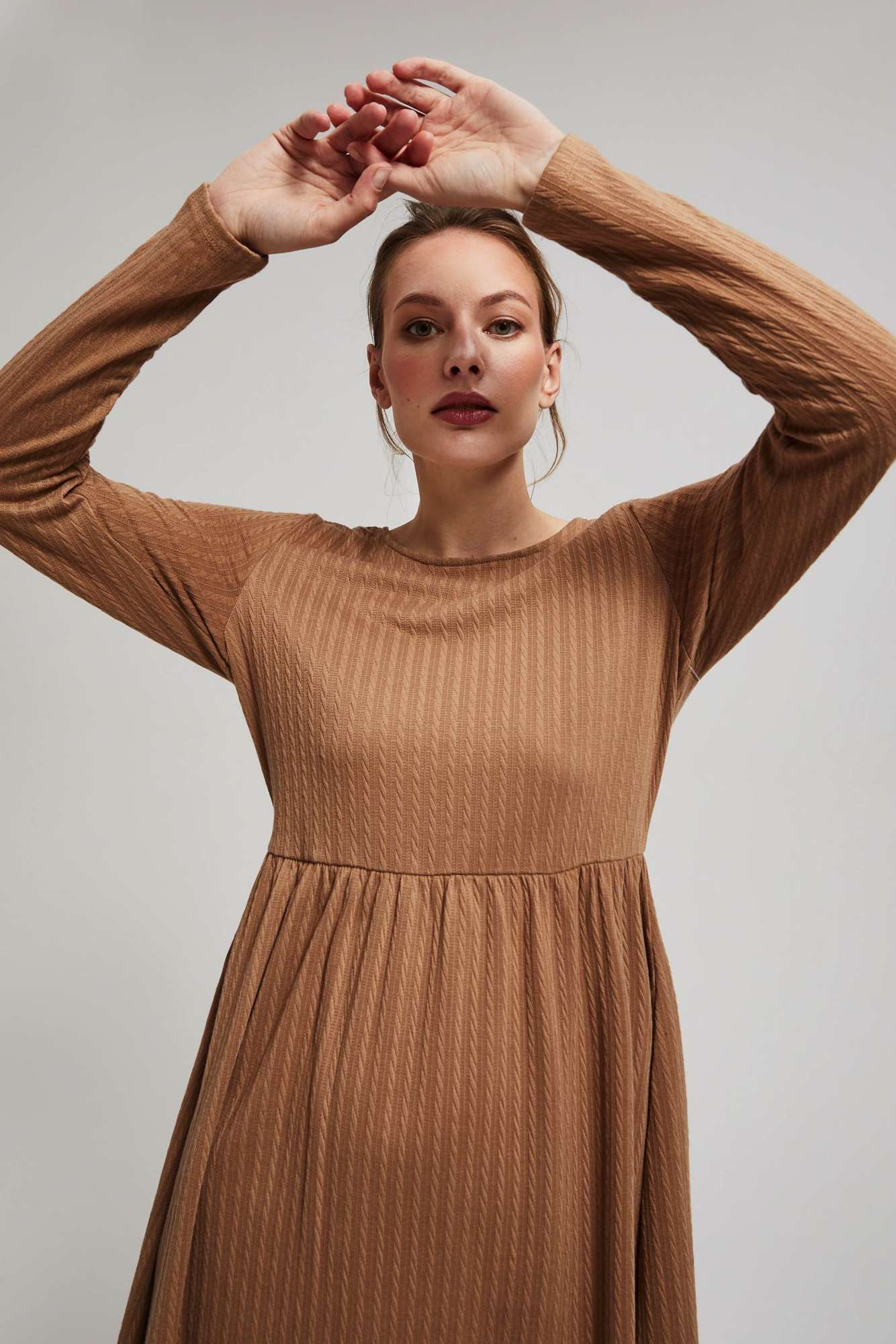 Marisse Dark Beige Dress With Long Sleeves And A Flared Bottom