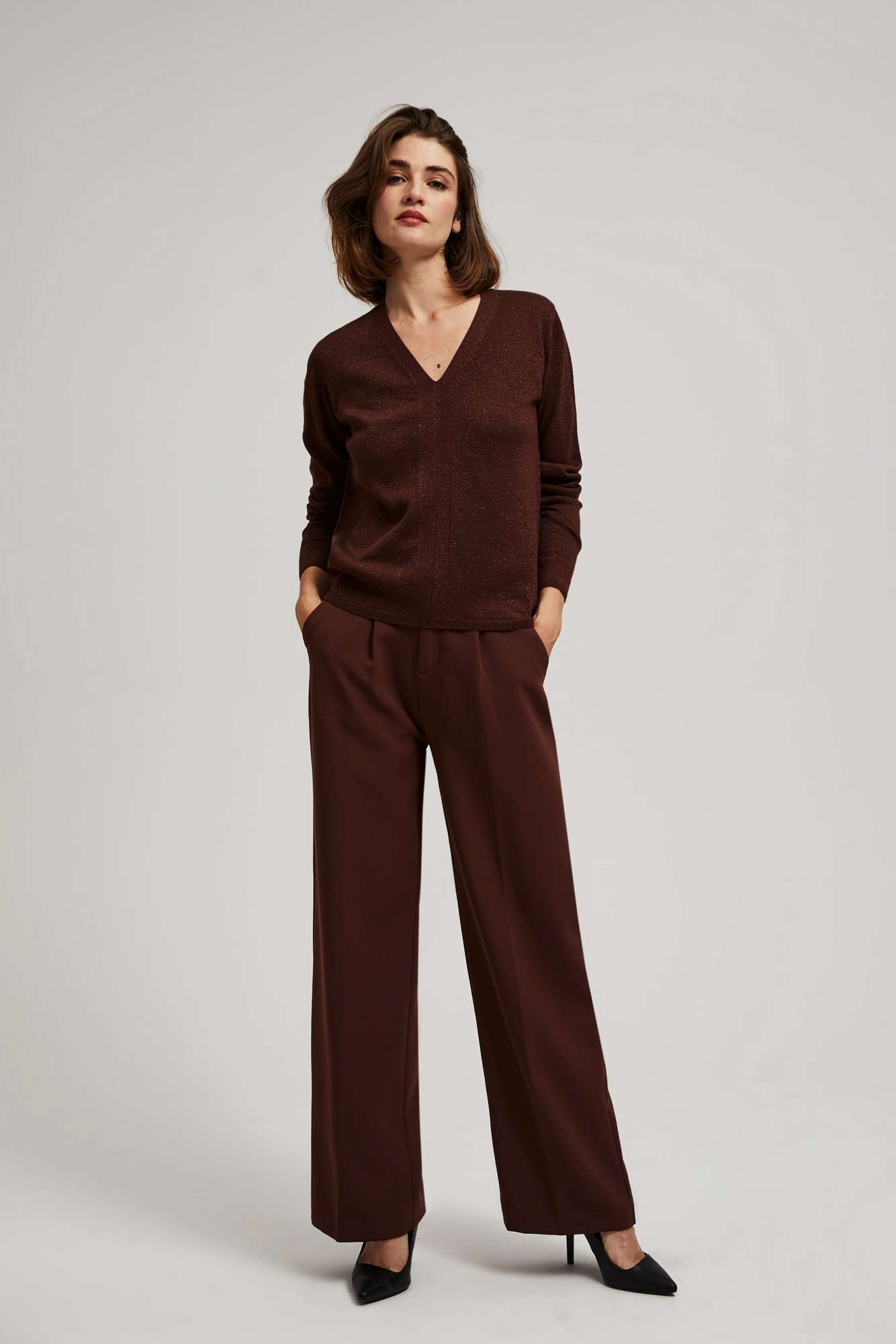 Sweater with metal thread and V-neck