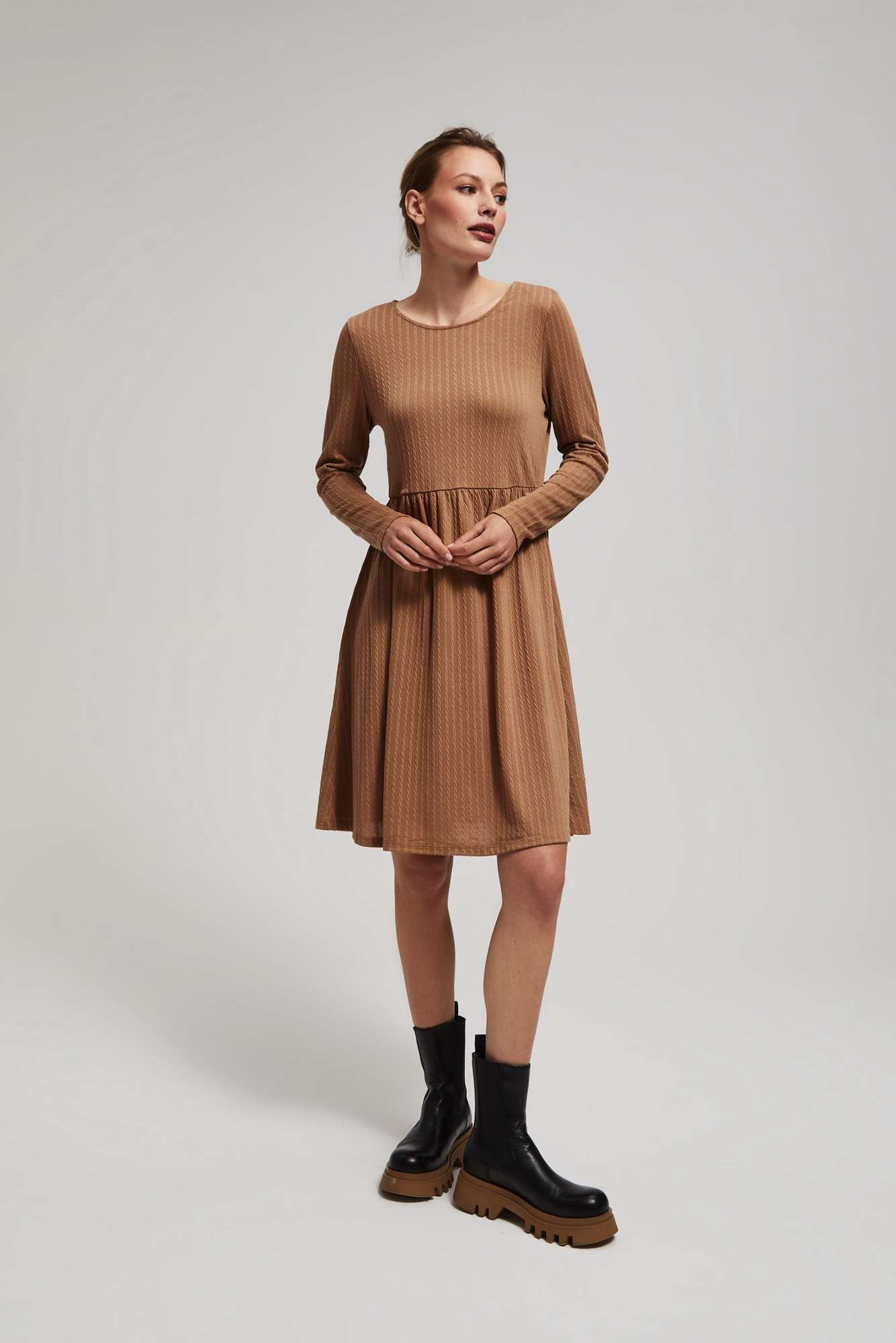 Marisse Dark Beige Dress With Long Sleeves And A Flared Bottom