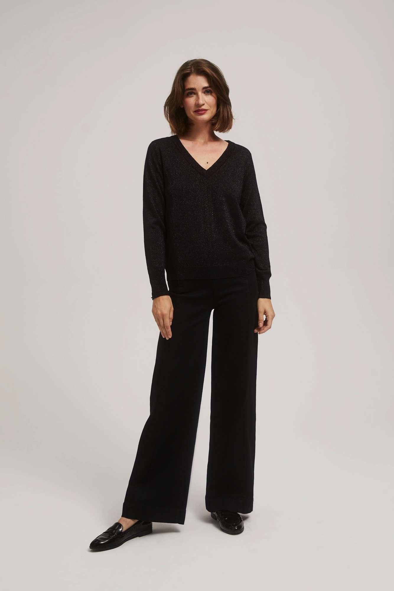 Sweater with metal thread and V-neck