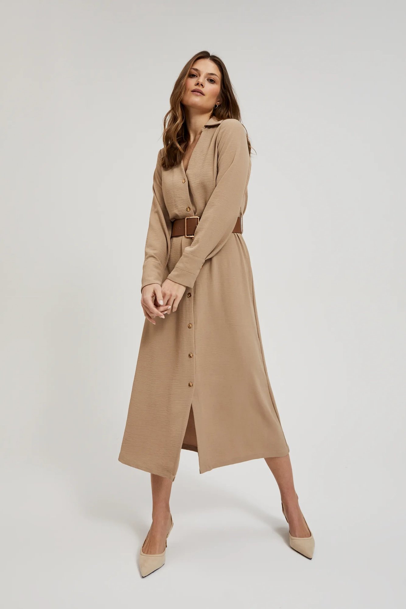 Marisse Beige Midi Dress With A Wide Belt