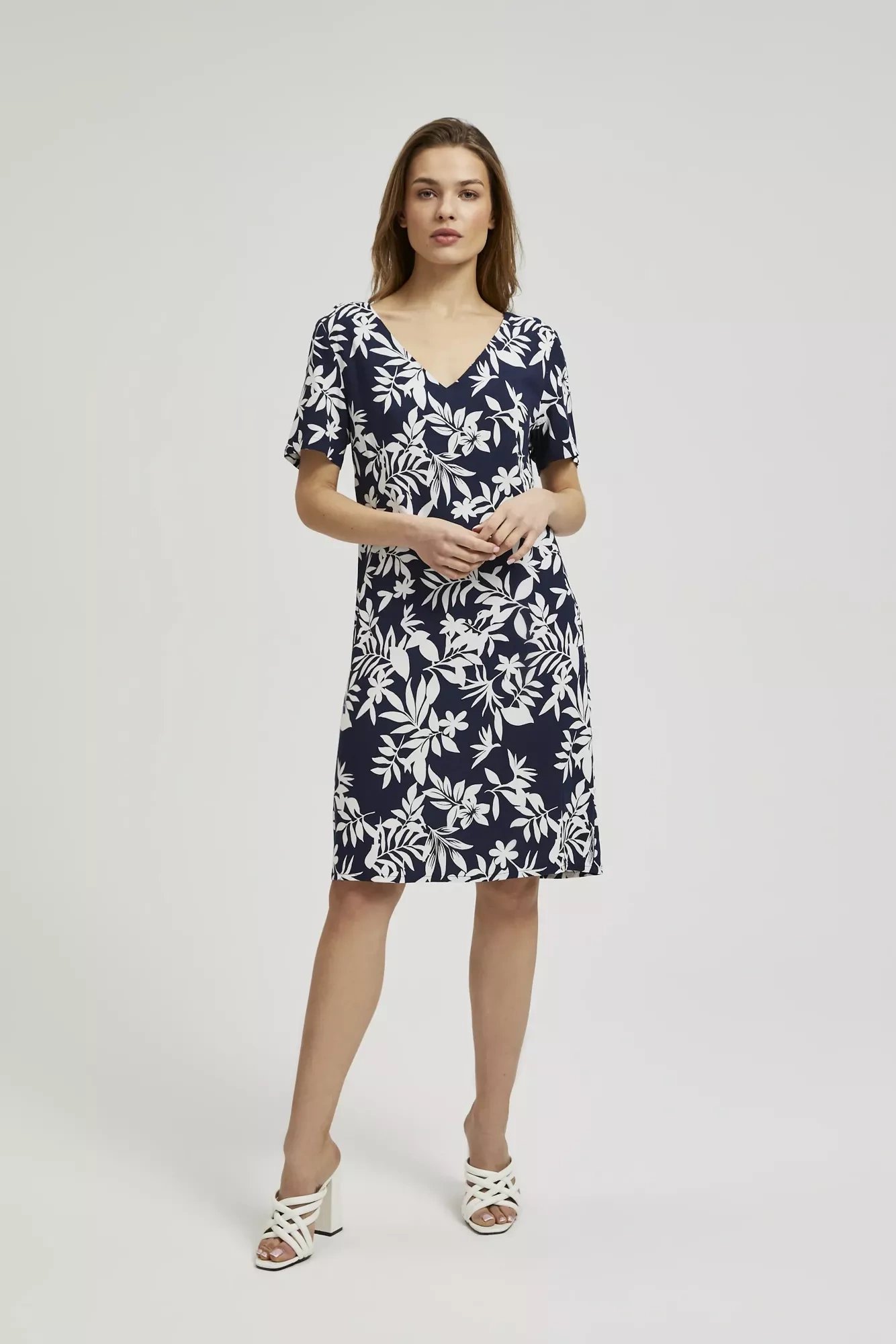Women's dress MOODO - navy blue, floral pattern