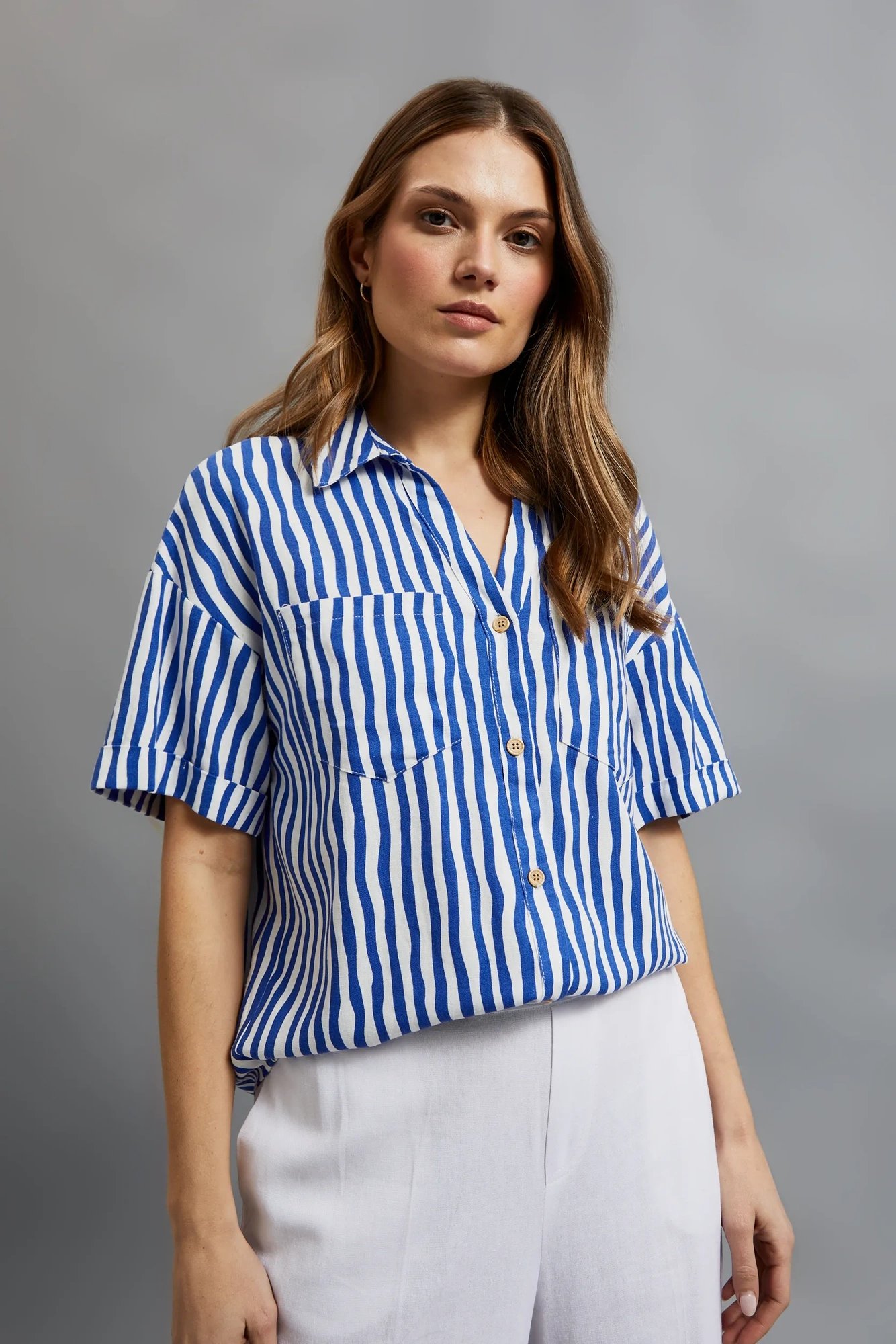 Women's striped shirt with pocket MOODO - navy blue