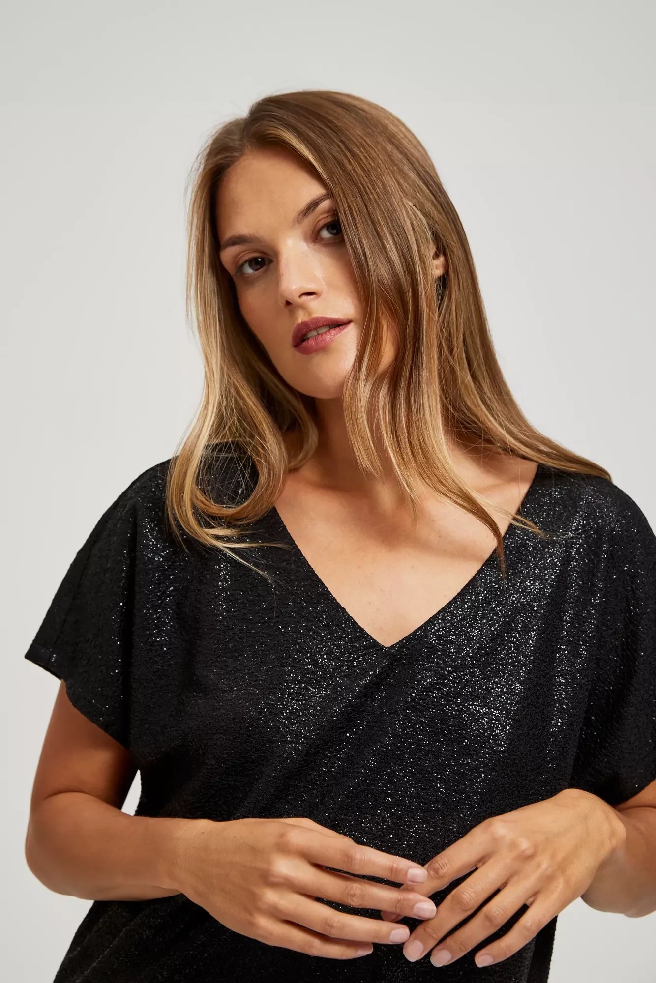 Marisse Elegant V-Neck Blouse Made Of Shiny Black Fabric