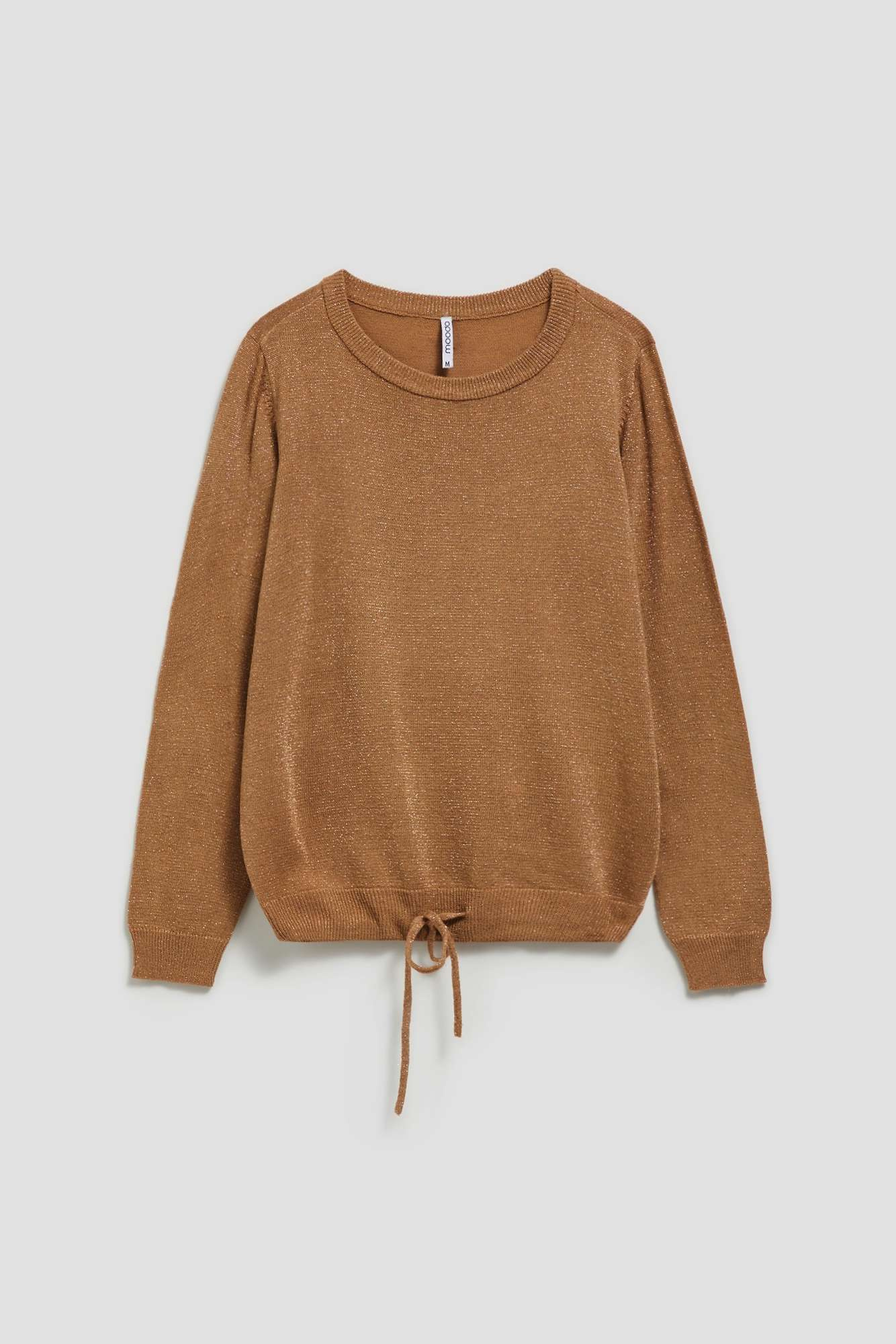 Sweater with metal thread and tie-up