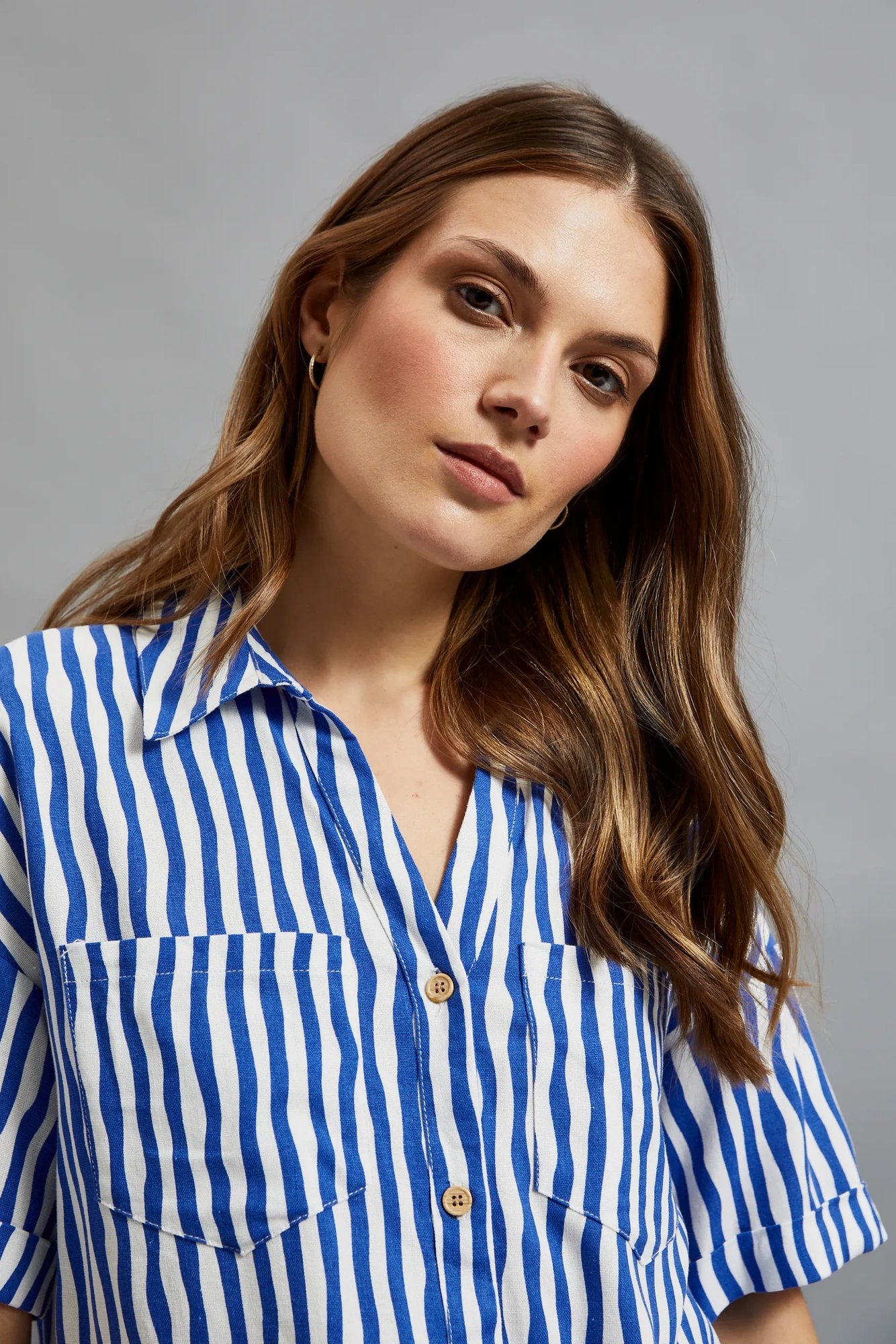 Women's striped shirt with pocket MOODO - navy blue